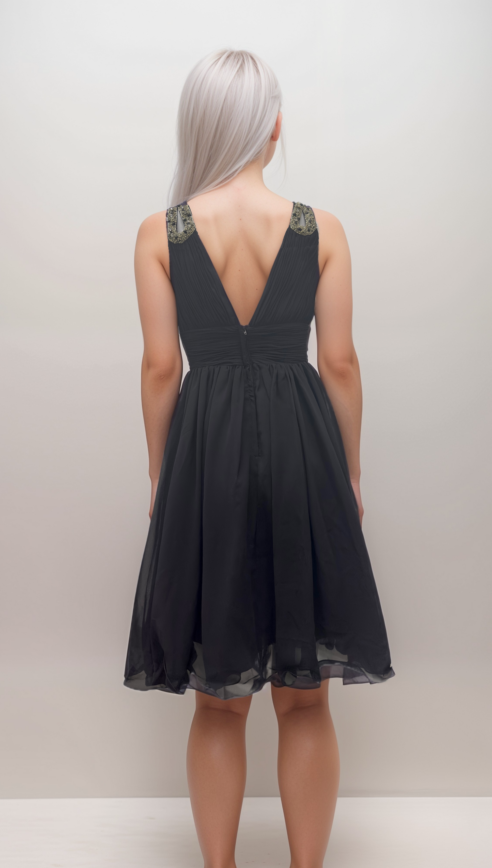 Flowy Chiffon V-Neck Gown – Embellished Strap & Ruched Waist - prom dress