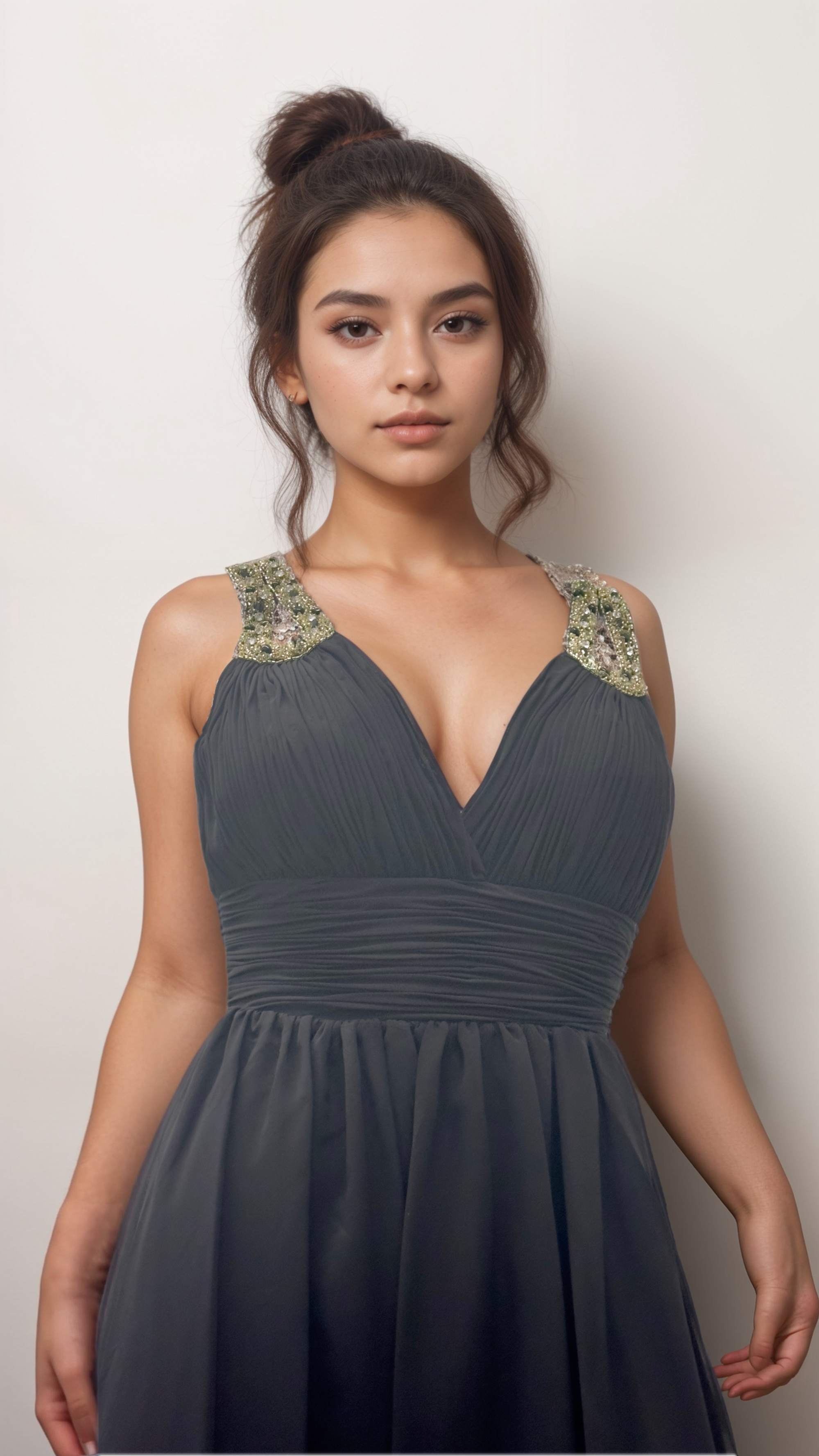 Flowy Chiffon V-Neck Gown – Embellished Strap & Ruched Waist - prom dress