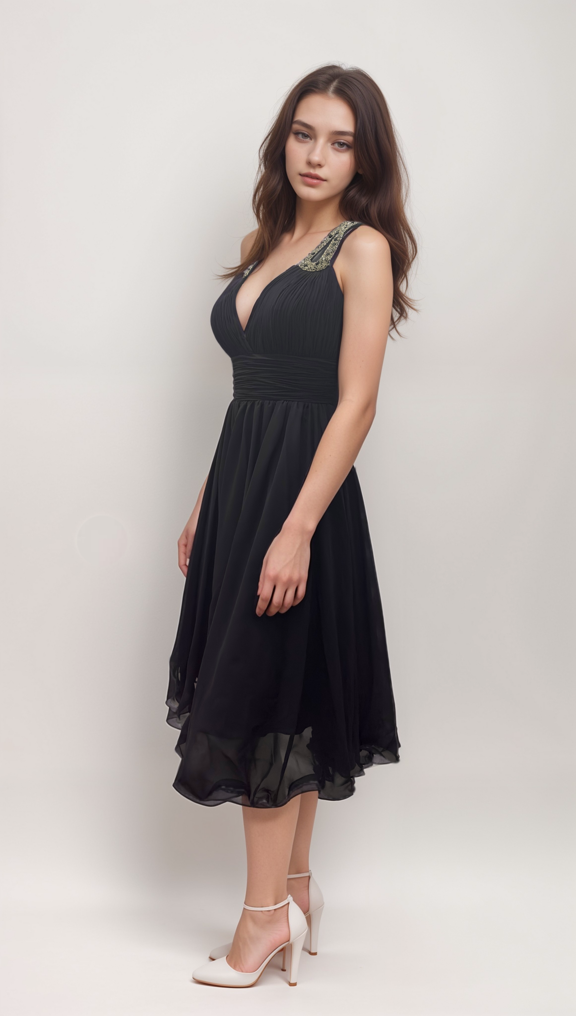 Flowy Chiffon V-Neck Gown – Embellished Strap & Ruched Waist - prom dress