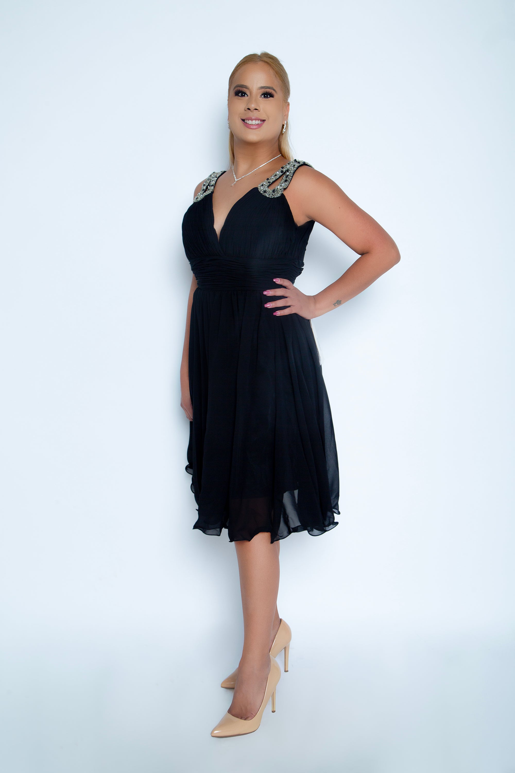 Flowy Chiffon V-Neck Gown – Embellished Strap & Ruched Waist - prom dress