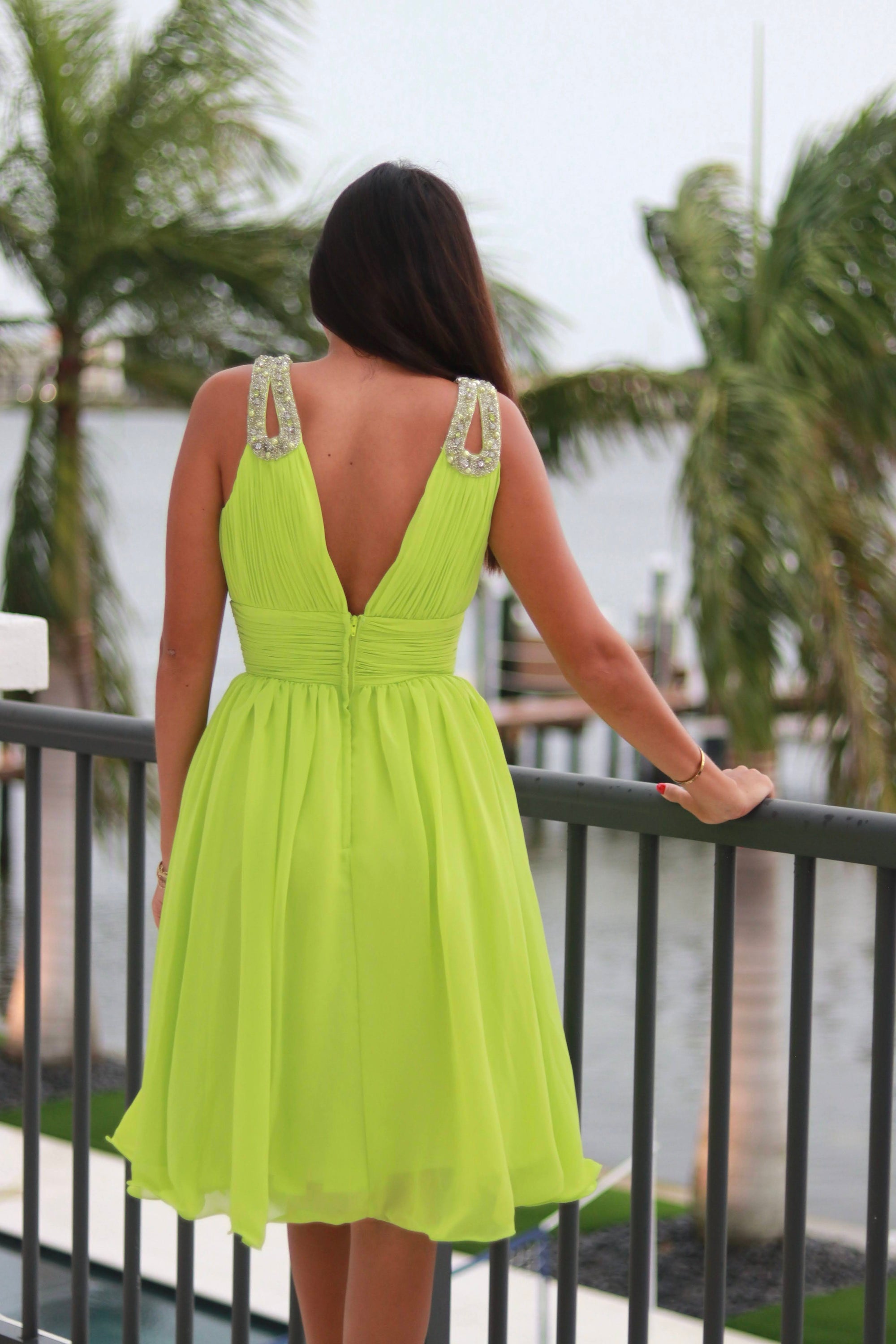 Flowy Chiffon V-Neck Gown – Embellished Strap & Ruched Waist - prom dress