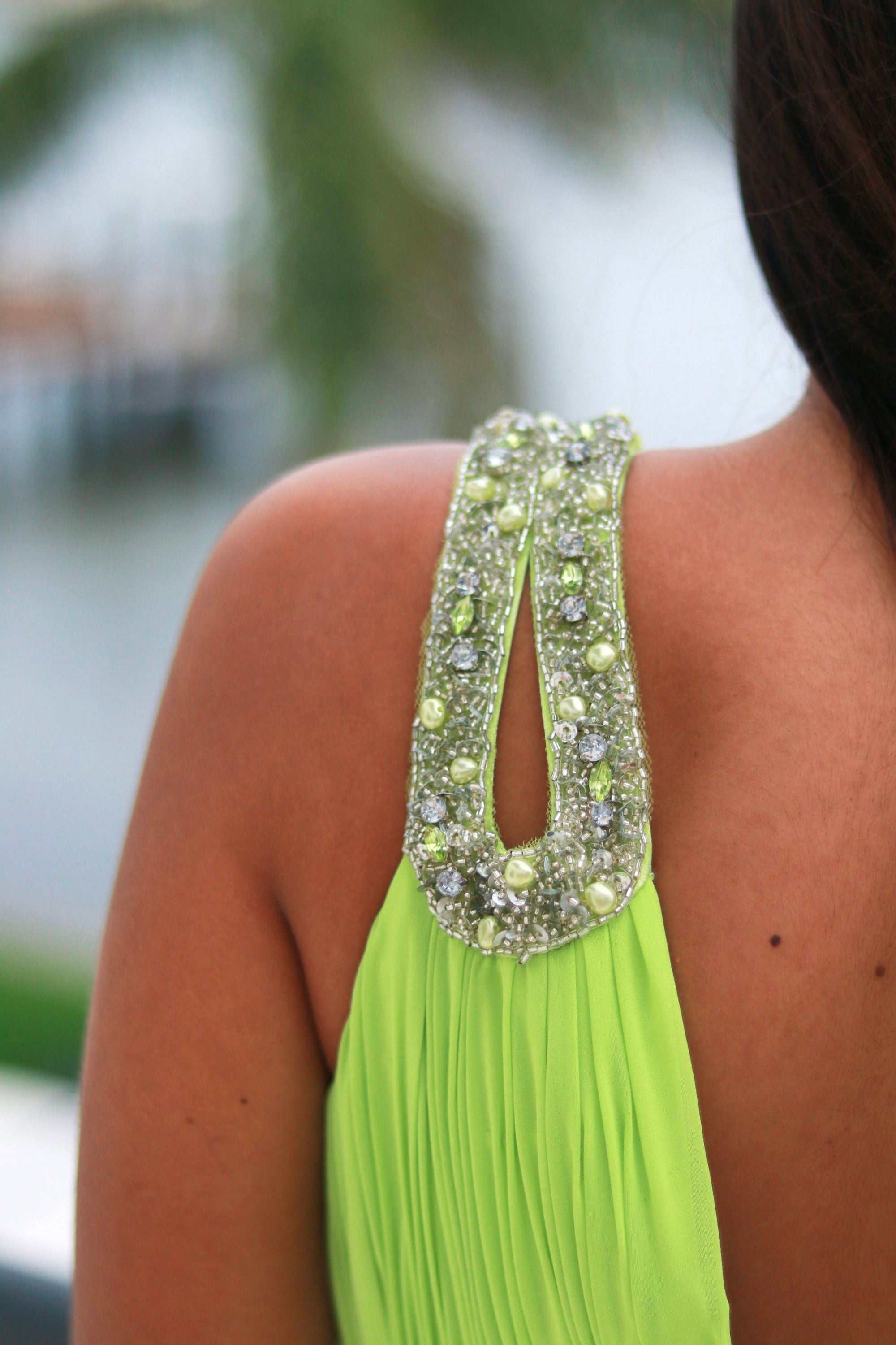 Flowy Chiffon V-Neck Gown – Embellished Strap & Ruched Waist - prom dress