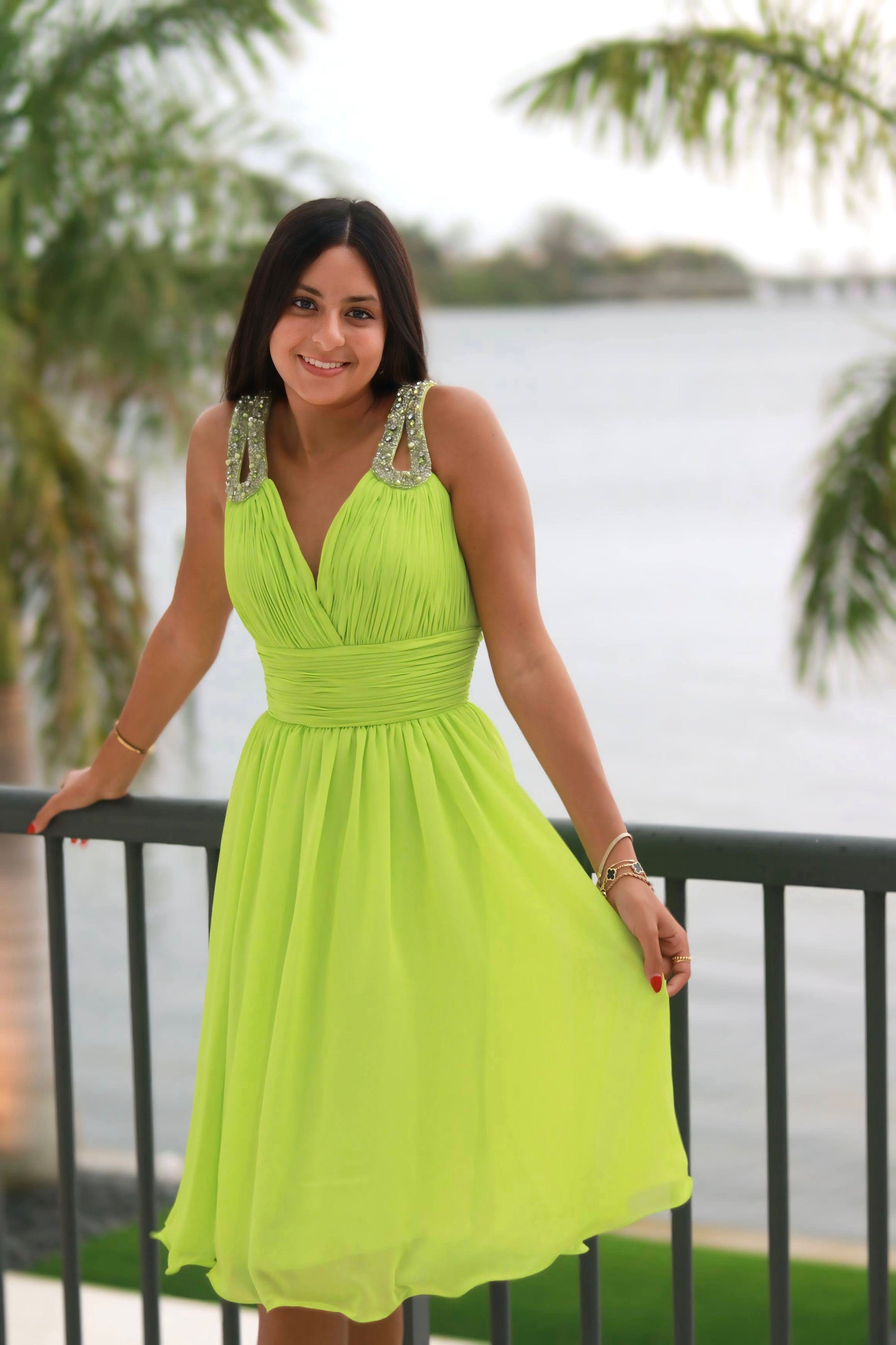Flowy Chiffon V-Neck Gown – Embellished Strap & Ruched Waist - prom dress