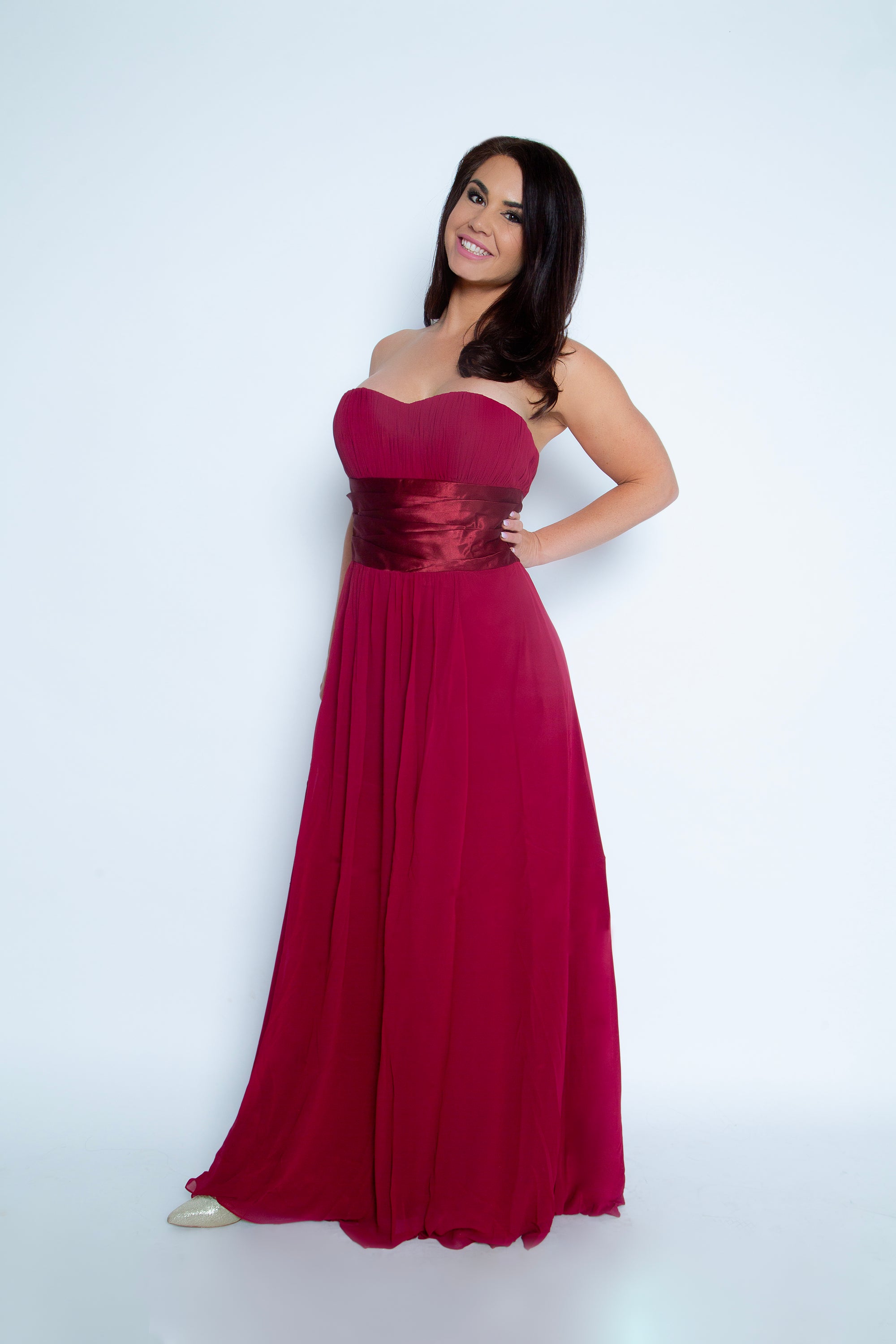 Strapless Red Chiffon Evening Gown with Empire Waist - prom dress