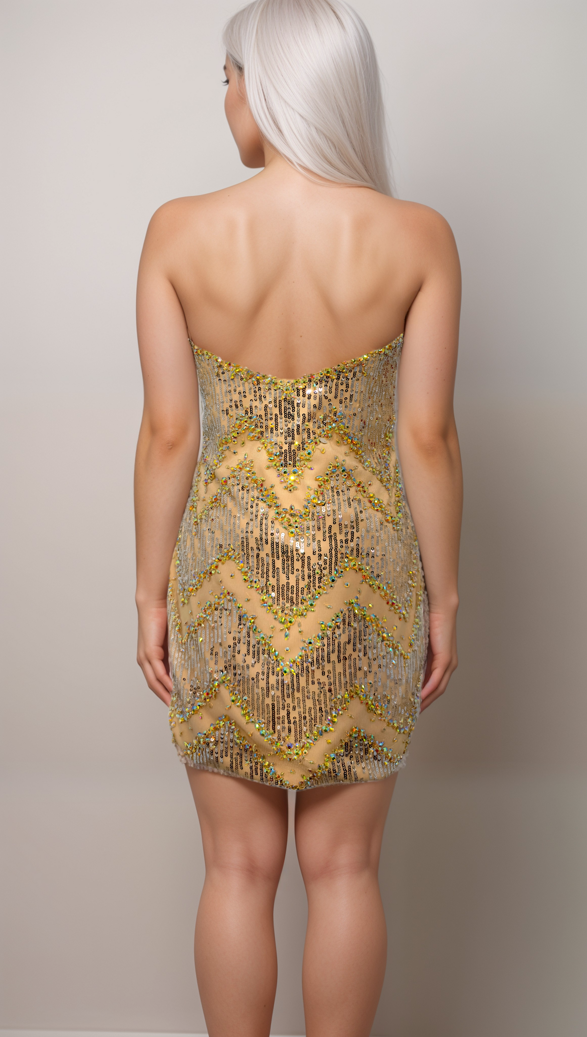 Golden Hour Glam – Strapless Beaded Gown with Fringe Details - prom dress