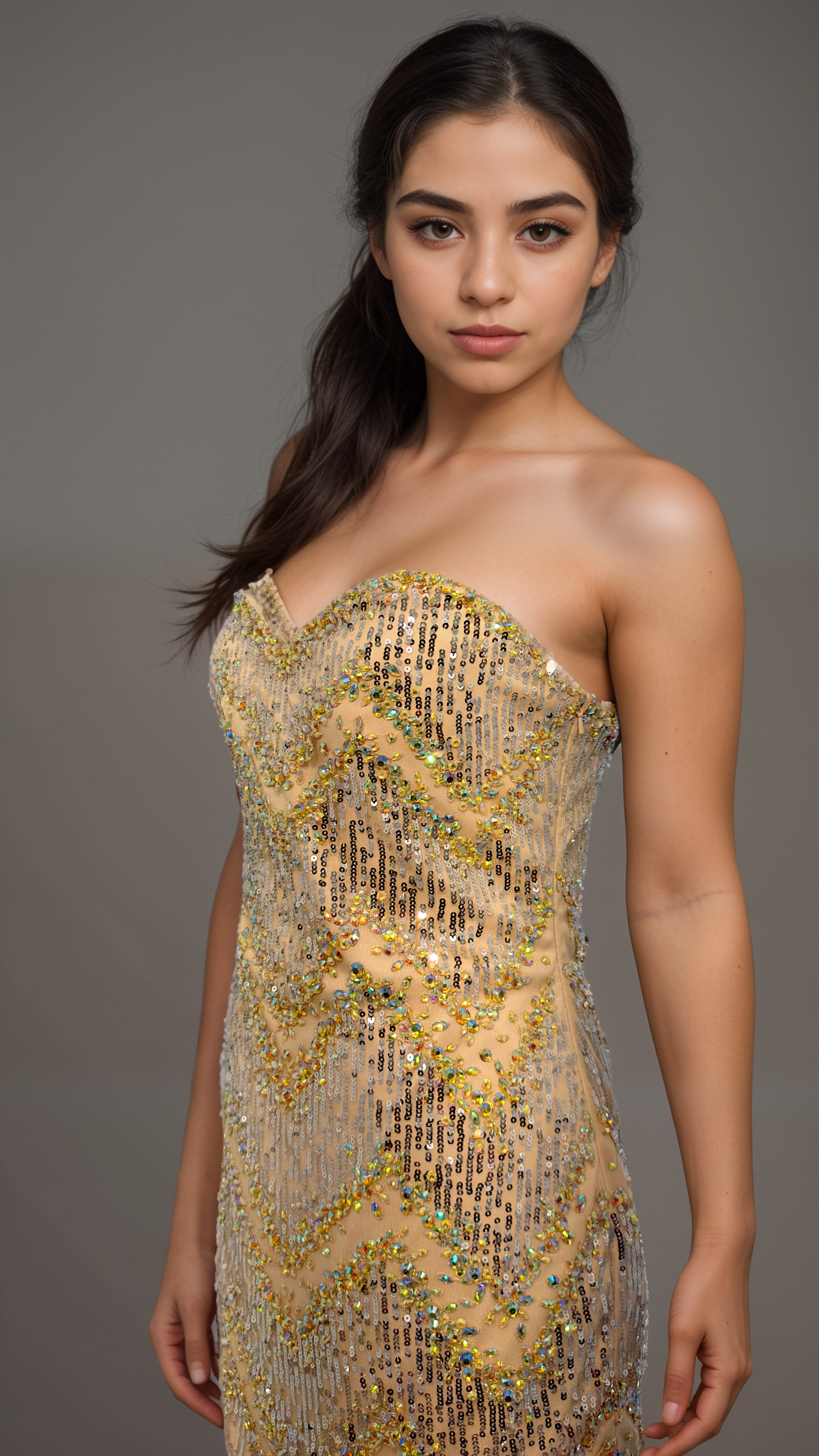 Golden Hour Glam – Strapless Beaded Gown with Fringe Details - prom dress