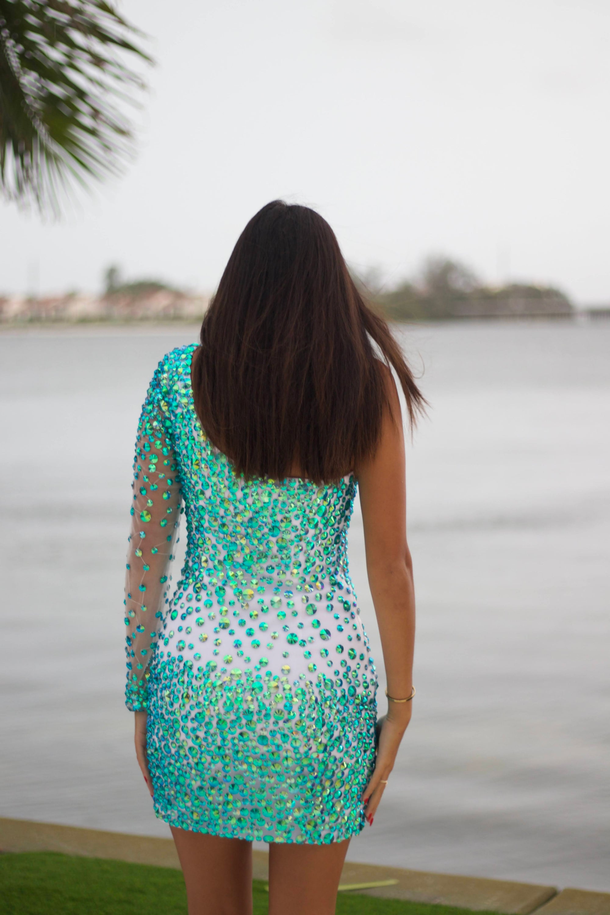One-Shoulder Crystal Embellished Mini Dress – Sheer Sleeve & Sparkling Rhinestones - prom dress