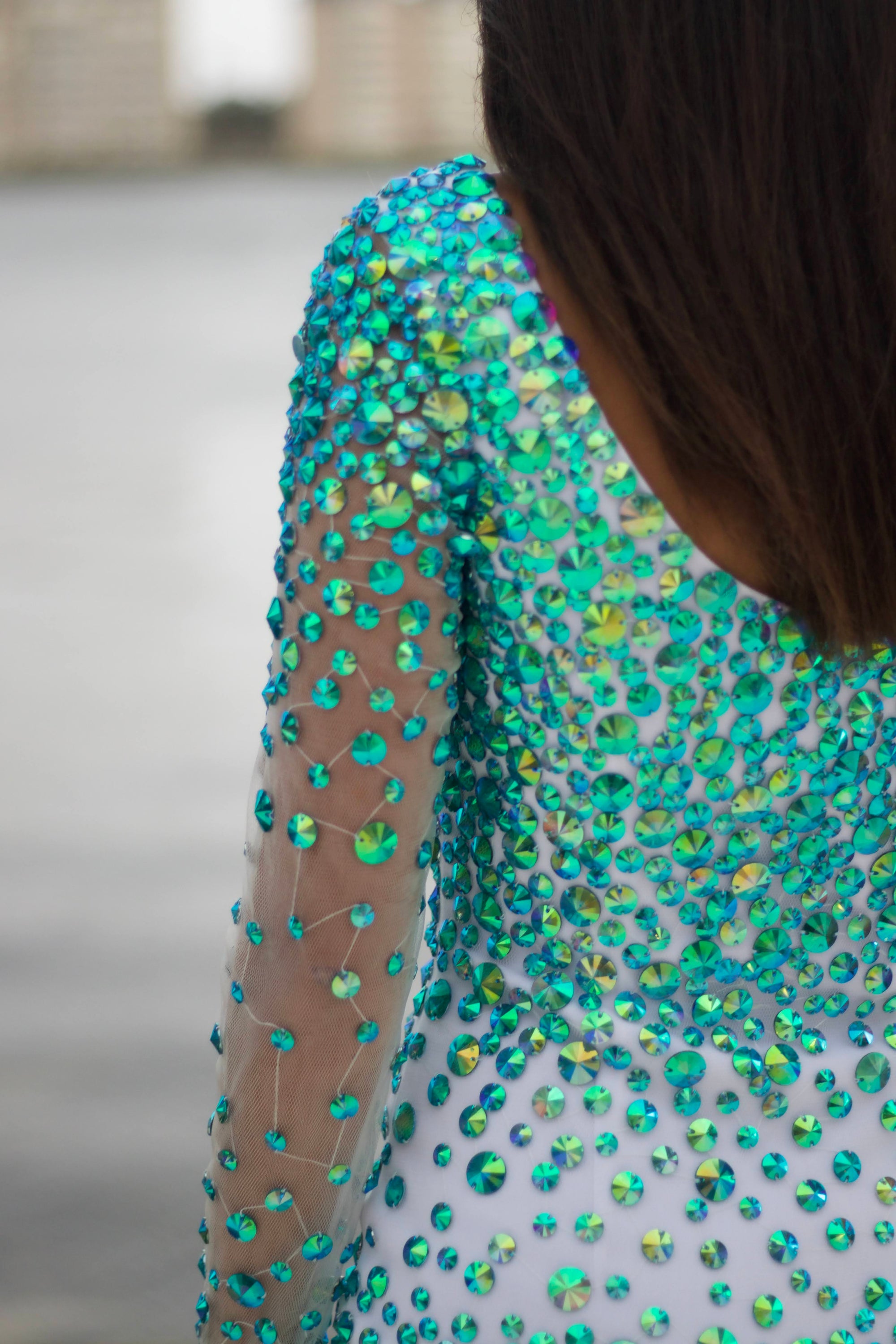 One-Shoulder Crystal Embellished Mini Dress – Sheer Sleeve & Sparkling Rhinestones - prom dress