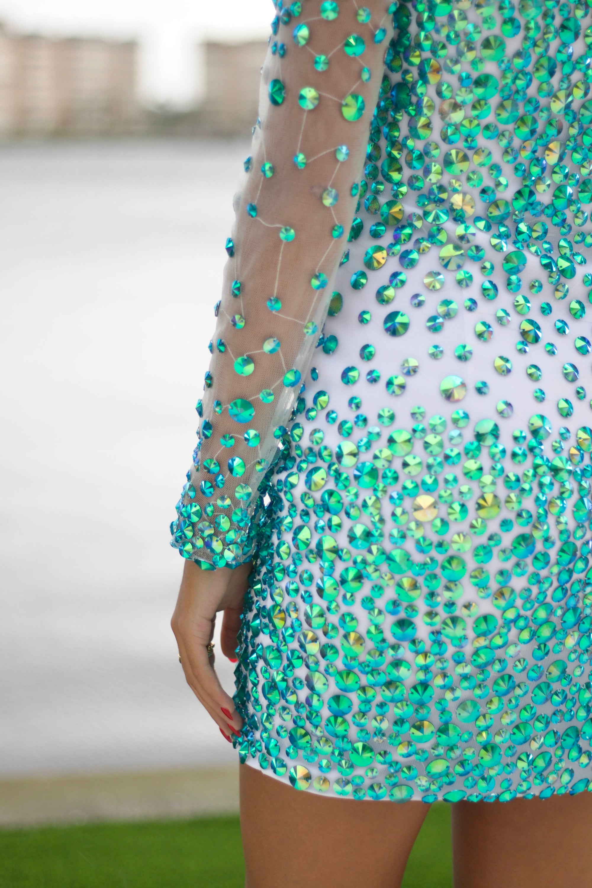 One-Shoulder Crystal Embellished Mini Dress – Sheer Sleeve & Sparkling Rhinestones - prom dress