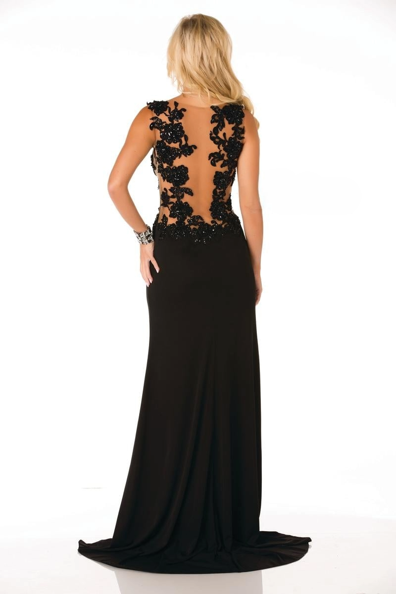 Black Lace Embellished Evening Gown with Sheer Bodice - prom dress