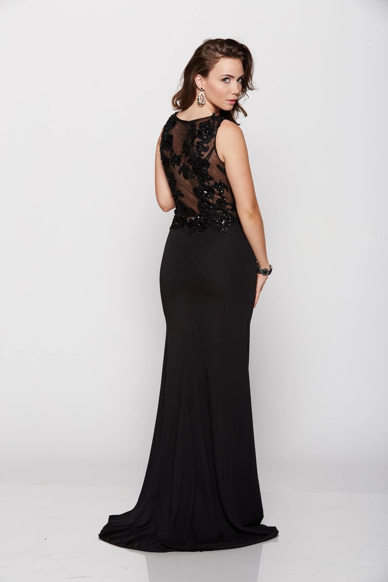 Black Lace Embellished Evening Gown with Sheer Bodice - prom dress