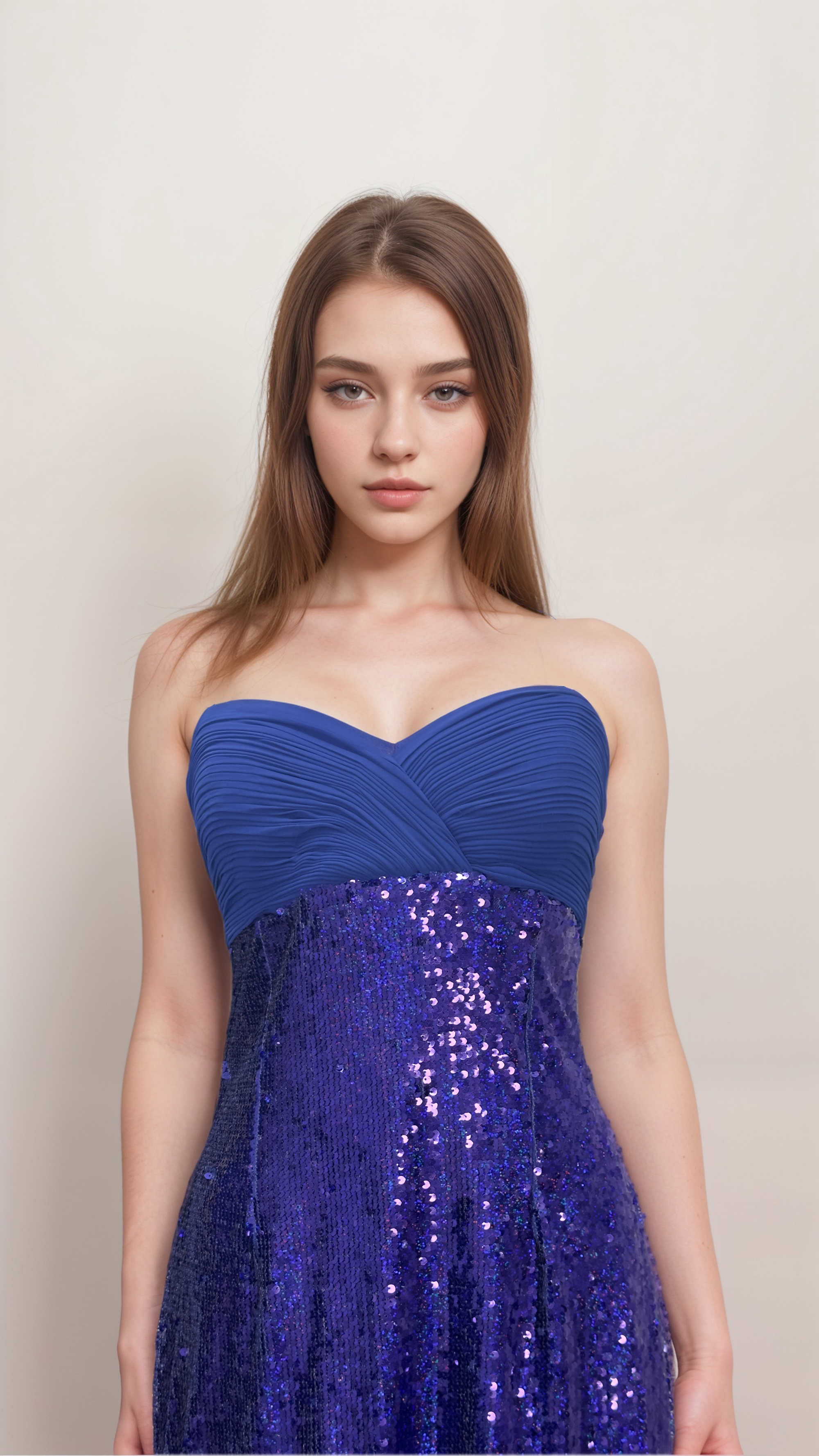 Deep Blue Sequined Midi Dress – Strapless Sweetheart Neck - prom dress