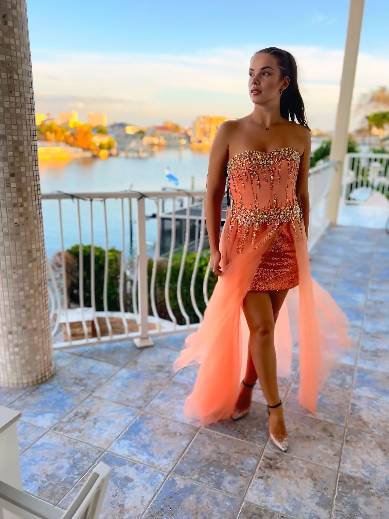 Strapless Embellished Mini Dress with Tulle Train - prom dress