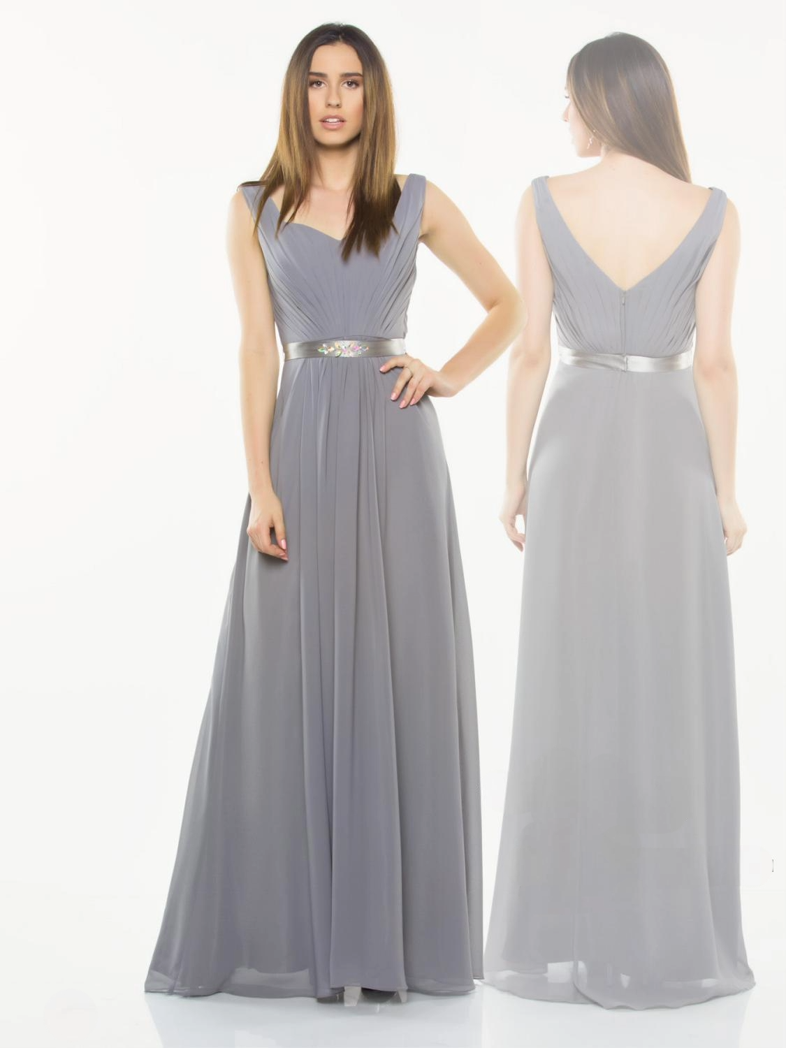 Elegant Chiffon A-Line Gown – V-Neck Sleeveless Dress with Metallic Belt - prom dress