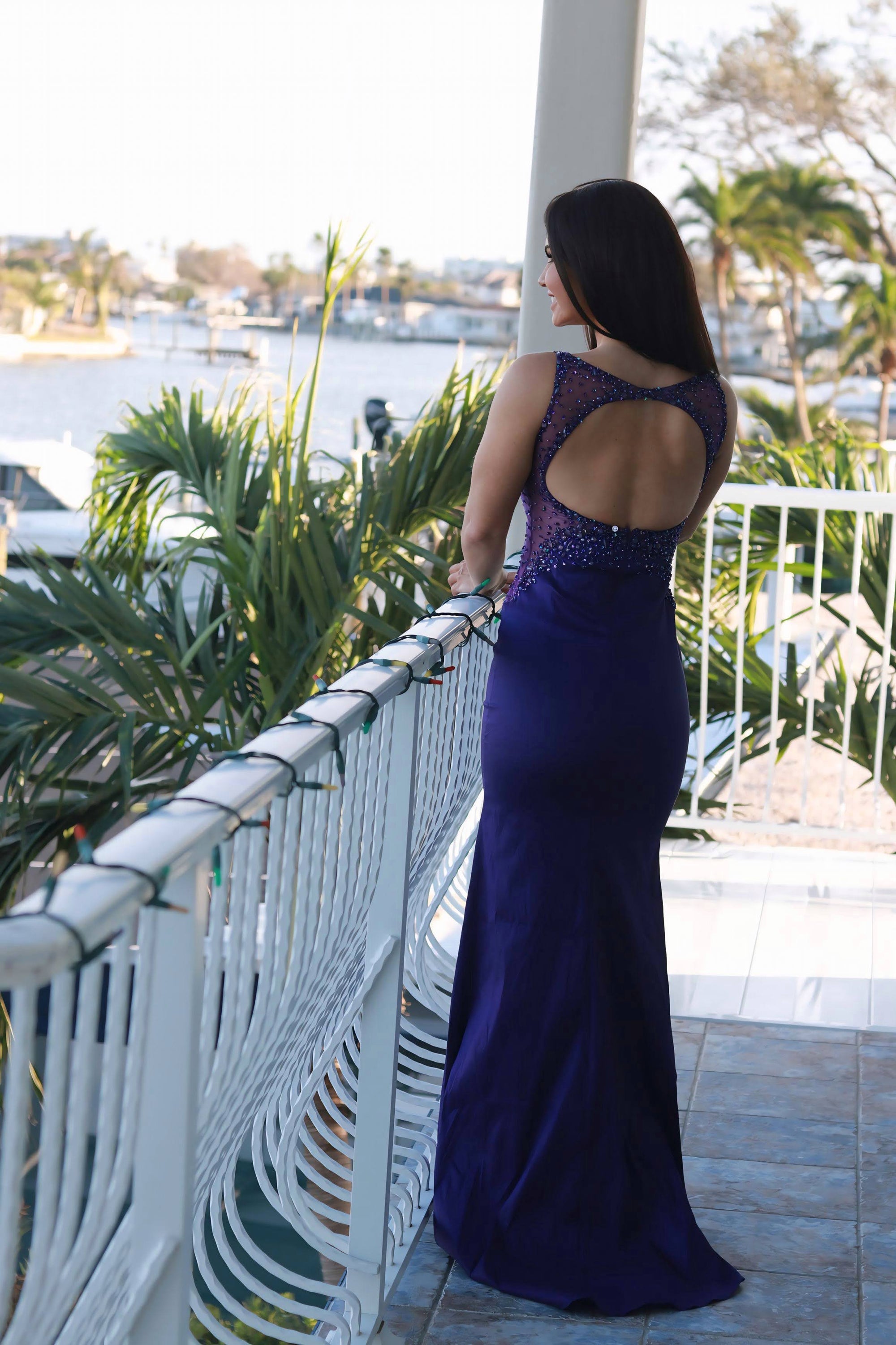 Beaded High-Neck Purple Gown with Sheer Side Panels - prom dress