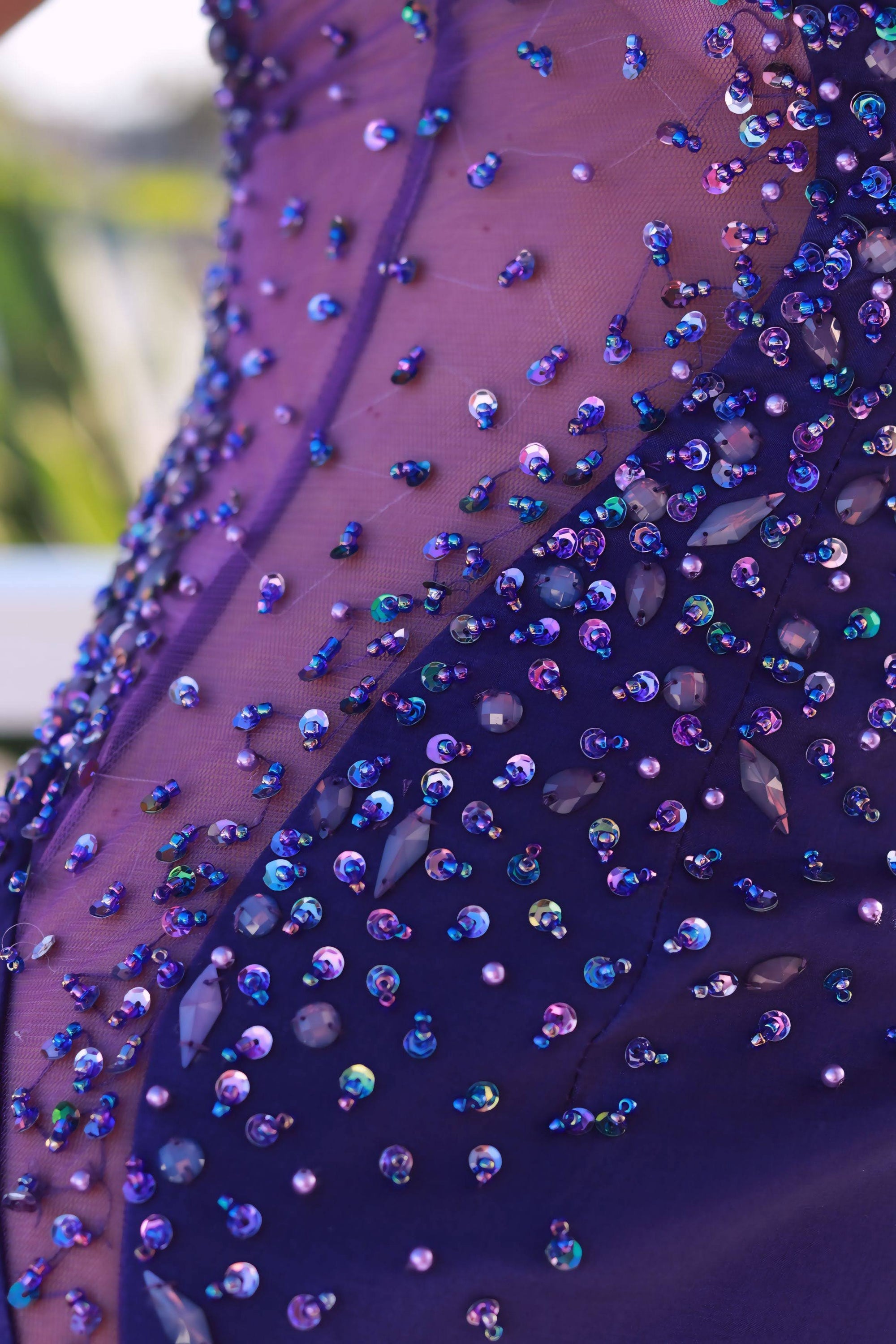 Beaded High-Neck Purple Gown with Sheer Side Panels - prom dress