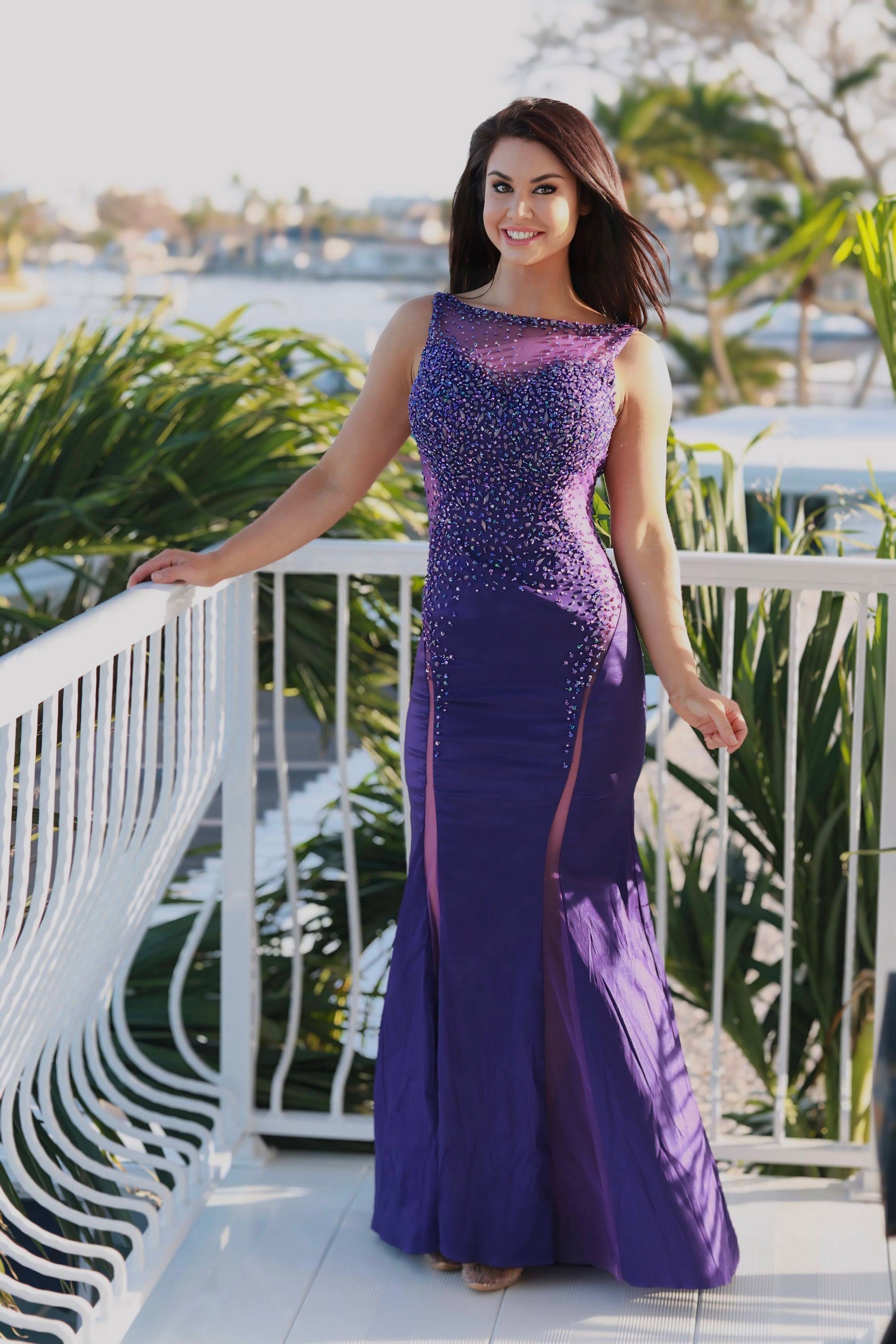 Beaded High-Neck Purple Gown with Sheer Side Panels - prom dress