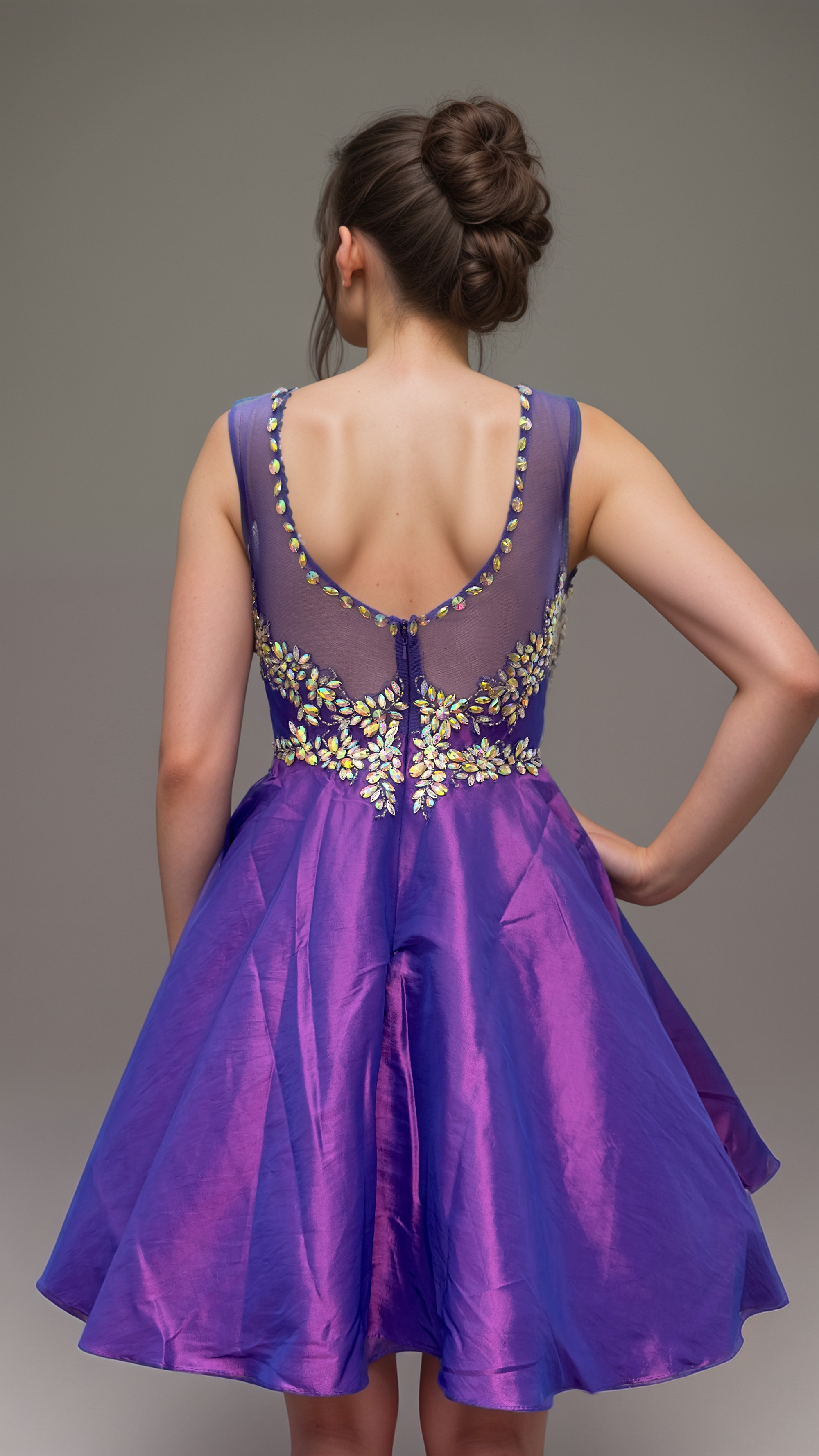 Purple Fit & Flare Dress – Floral Appliqué & Mesh Bodice - prom dress