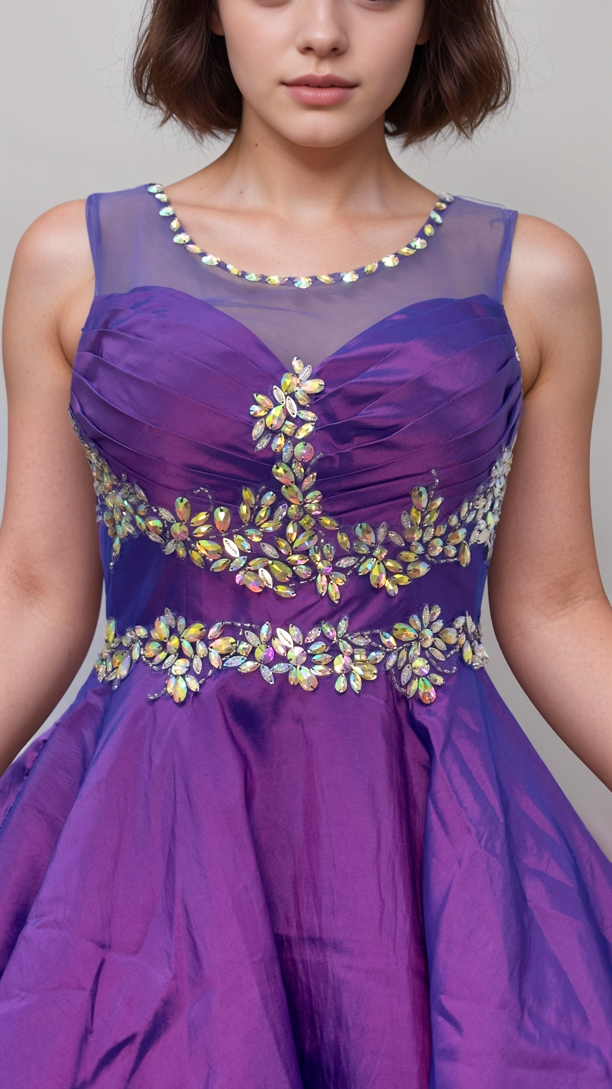 Purple Fit & Flare Dress – Floral Appliqué & Mesh Bodice - prom dress