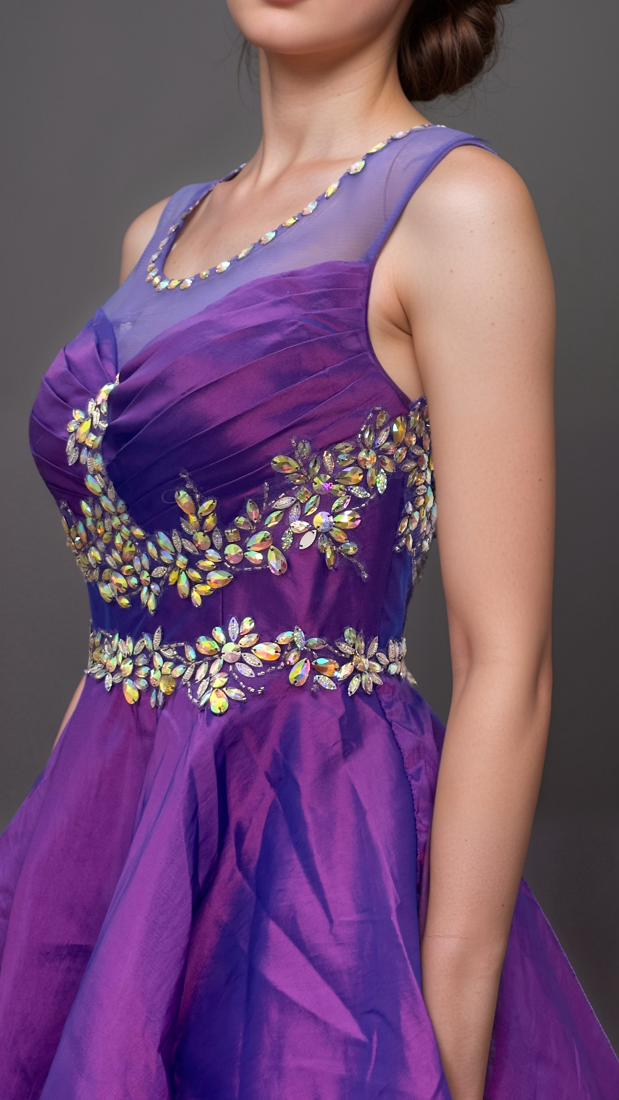Purple Fit & Flare Dress – Floral Appliqué & Mesh Bodice - prom dress