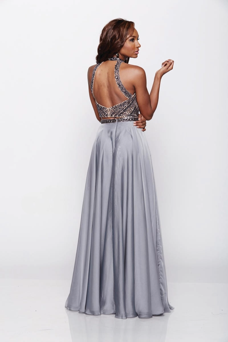 Gunmetal Two-Piece Dress – Beaded Halter Crop Top with Satin A-Line Skirt - prom dress