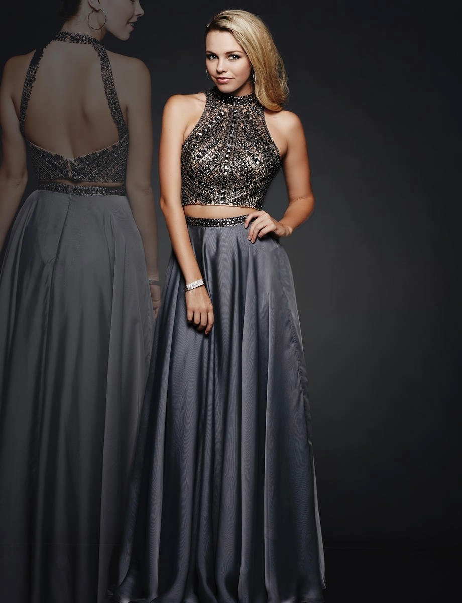 Gunmetal Two-Piece Dress – Beaded Halter Crop Top with Satin A-Line Skirt - prom dress