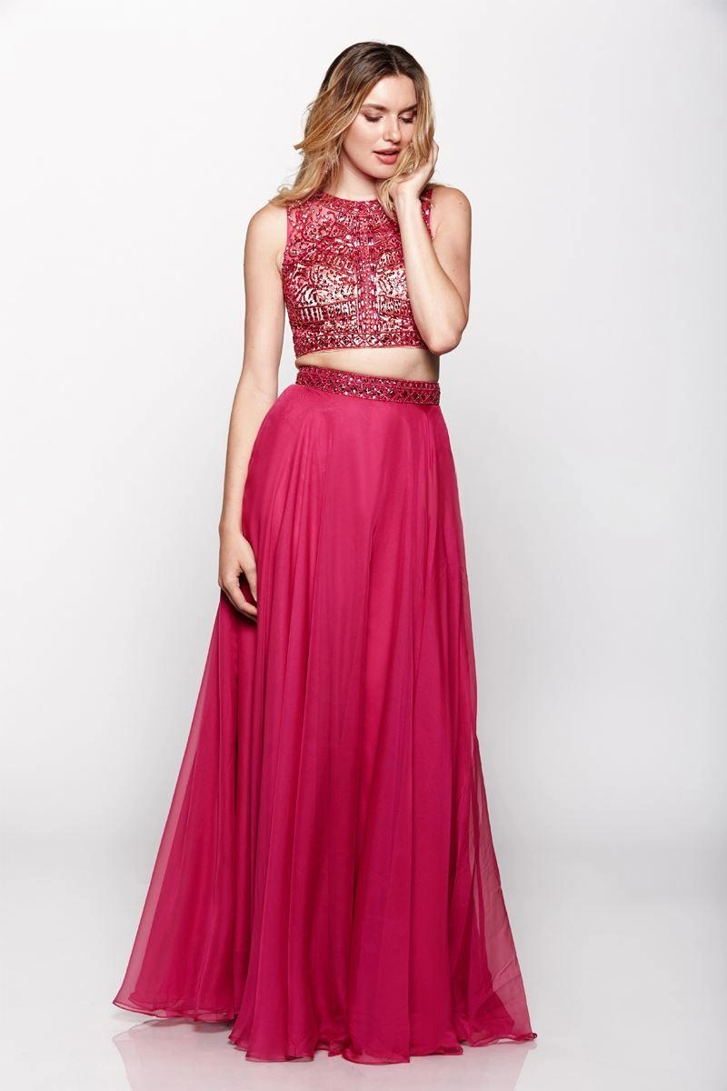 Fuchsia Two-Piece Dress – Beaded Crop Top with Flowy Chiffon Skirt