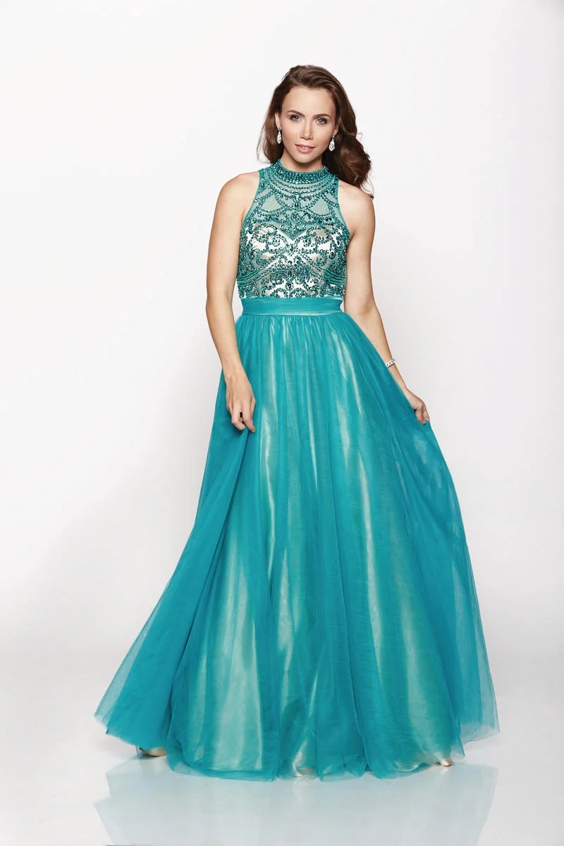 Teal Halter Dress – Beaded Bodice with Tulle A-Line Skirt - prom dress