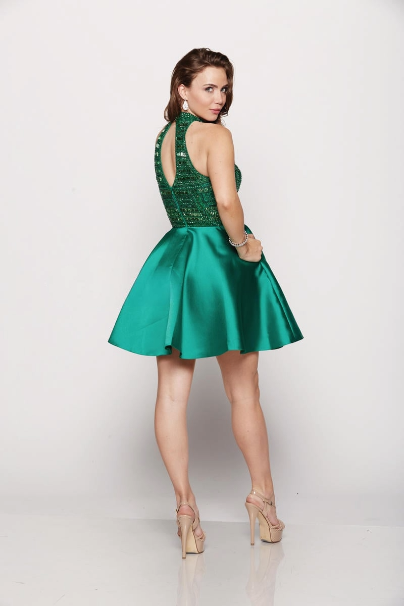 Emerald Radiance Halter Dress – Sequin Bodice & Satin Skirt - prom dress