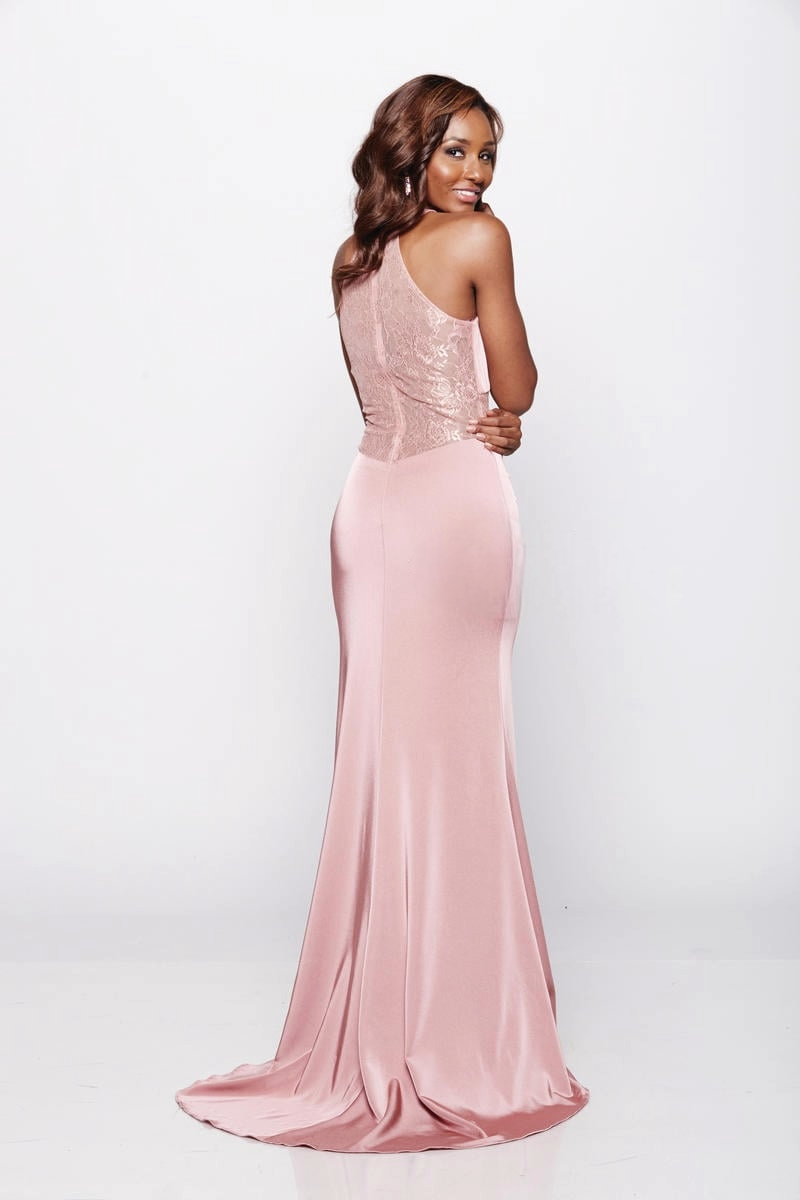 Rose Gold Satin Prom Dress with Lace Illusion Bodice & High Slit - prom dress