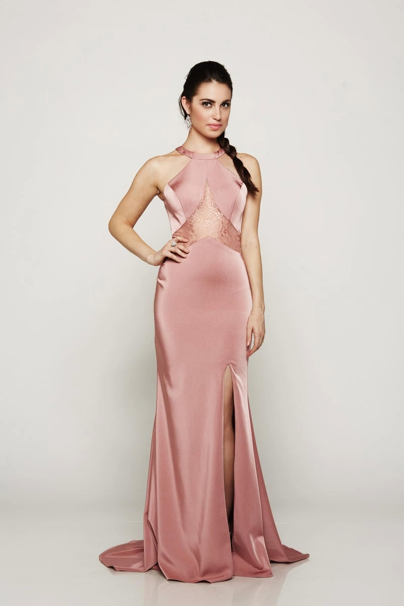 Rose Gold Satin Prom Dress with Lace Illusion Bodice & High Slit - prom dress