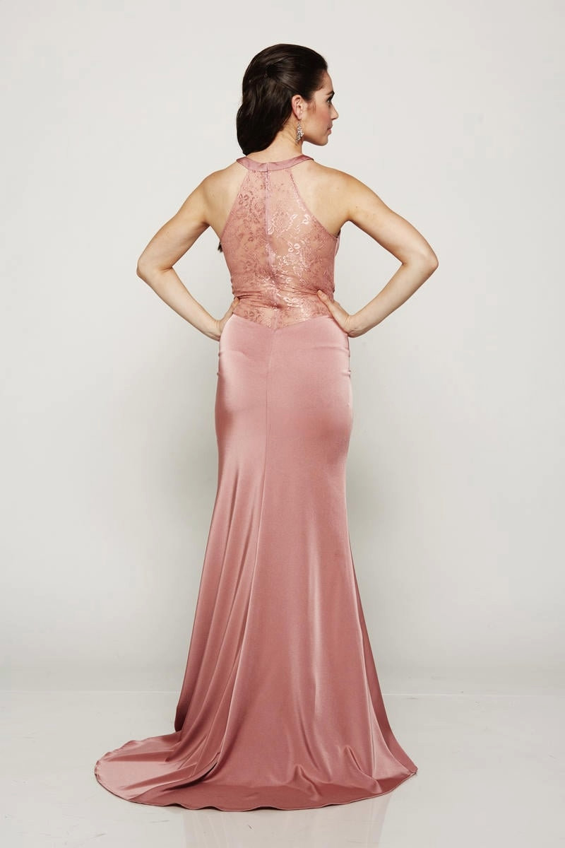 Rose Gold Satin Prom Dress with Lace Illusion Bodice & High Slit - prom dress