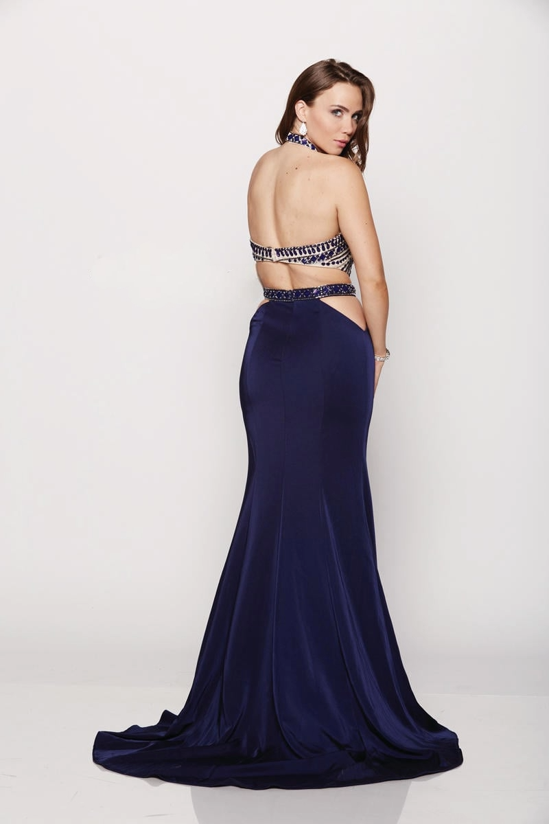 Navy Blue Halter Dress – Beaded Bodice with Cutout Back and Mermaid Skirt - prom dress