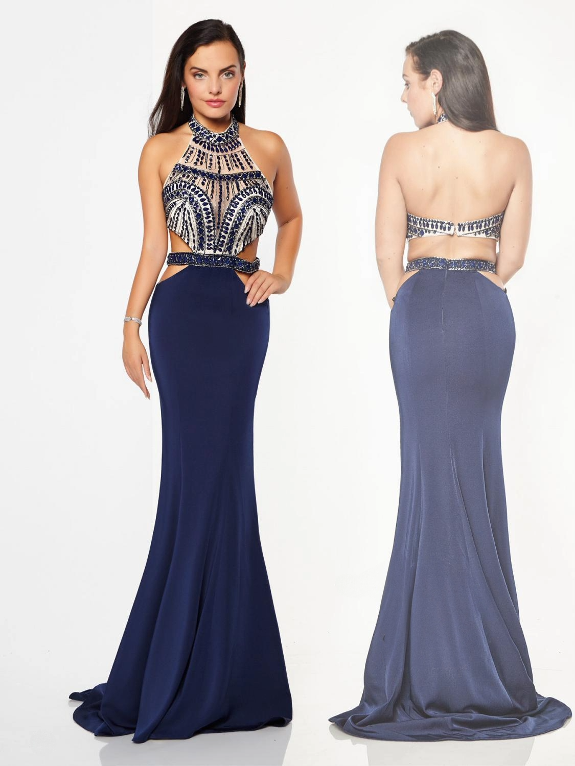 Navy Blue Halter Dress – Beaded Bodice with Cutout Back and Mermaid Skirt - prom dress