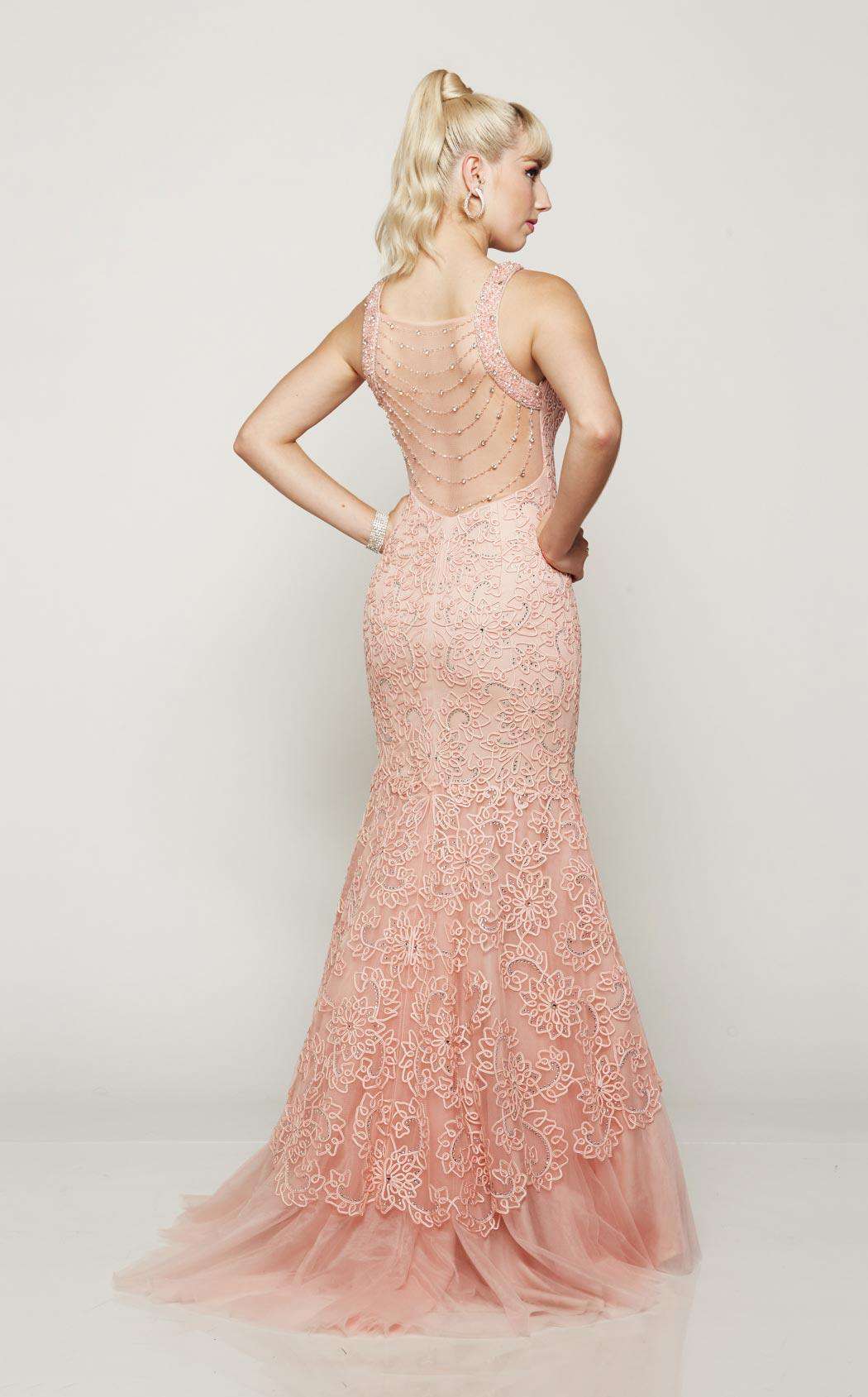 Blush Pink Lace Mermaid Dress – Sheer Beaded Back with Floral Appliqué - prom dress