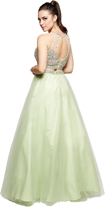 Sage Green Two-Piece Ball Gown – Beaded Halter Crop Top with Tulle Skirt - prom dress