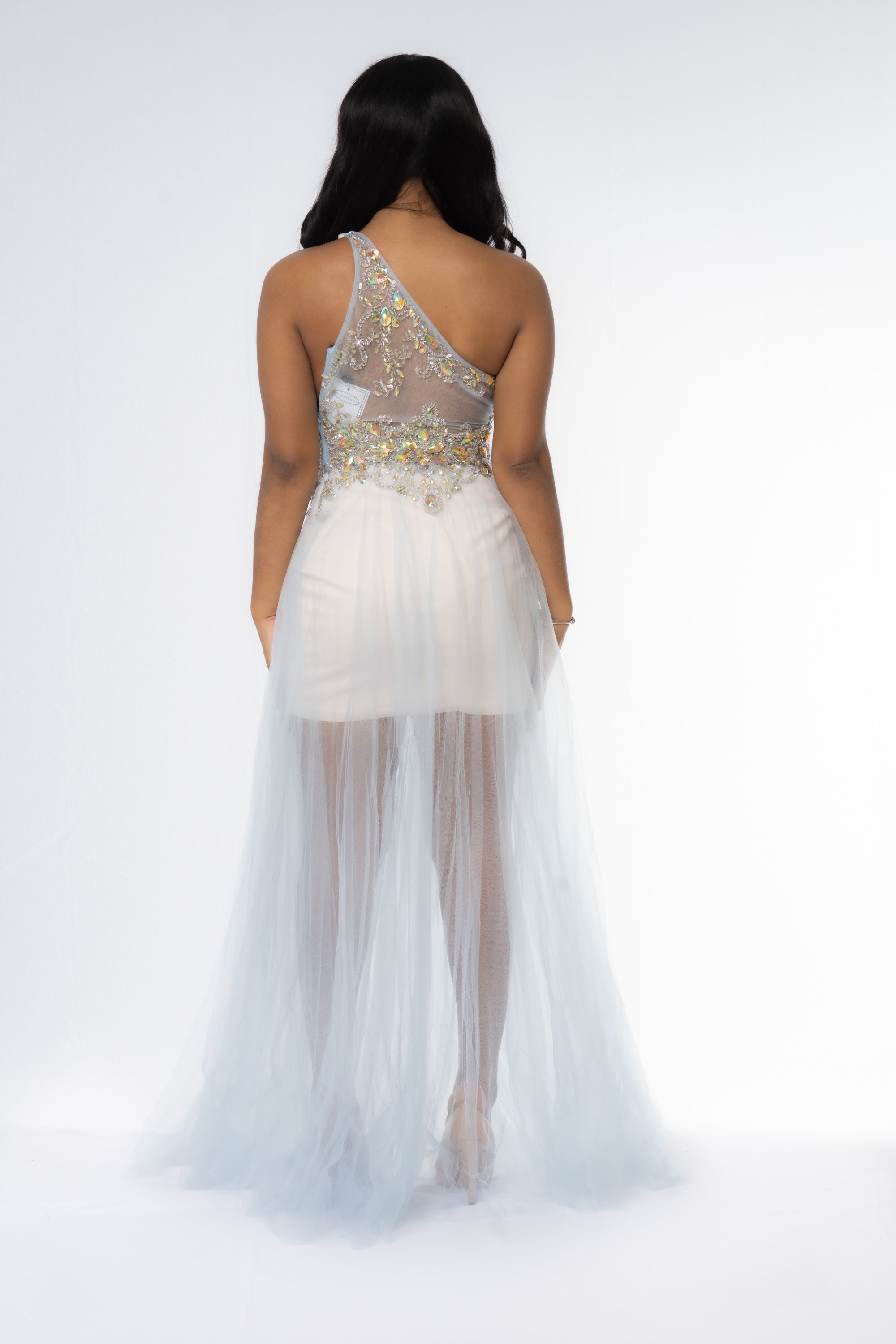 One-Shoulder Embellished Mini Dress with Sheer Overlay - prom dress