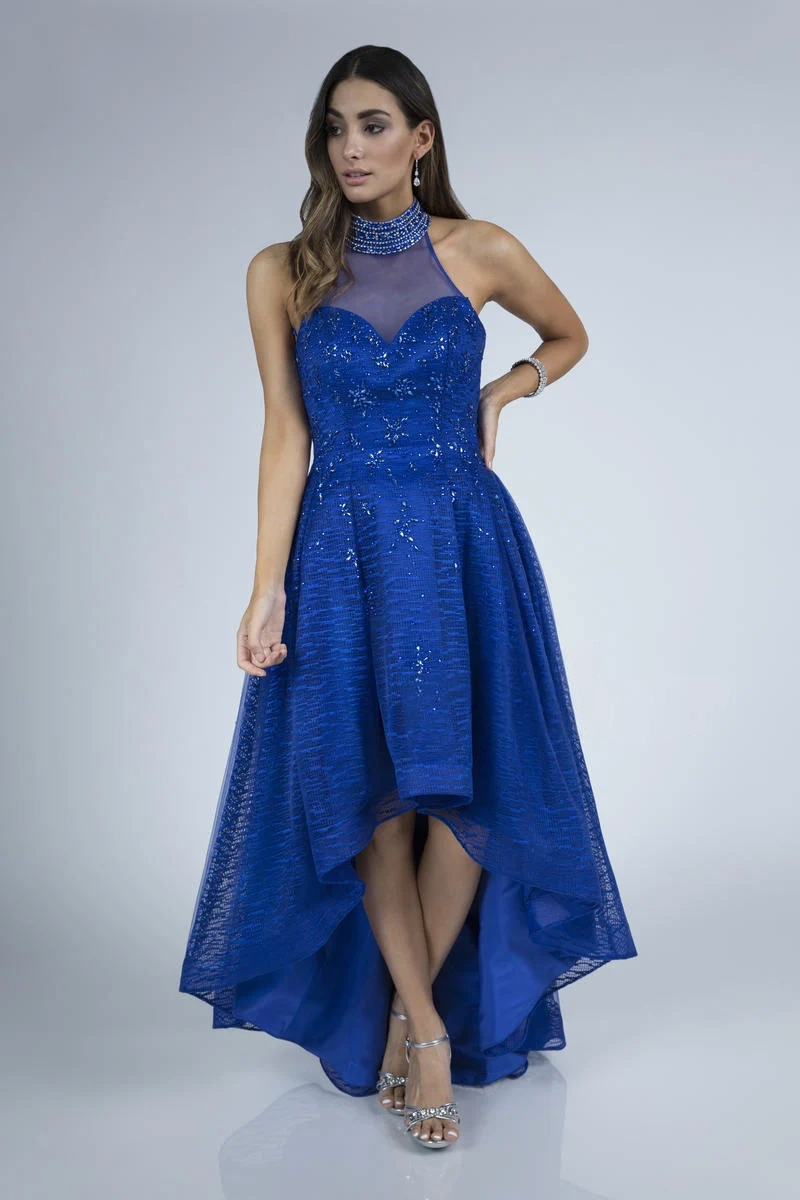 Royal Blue High-Low Prom Dress with Sheer Halter Neck & Glitter Details - prom dress