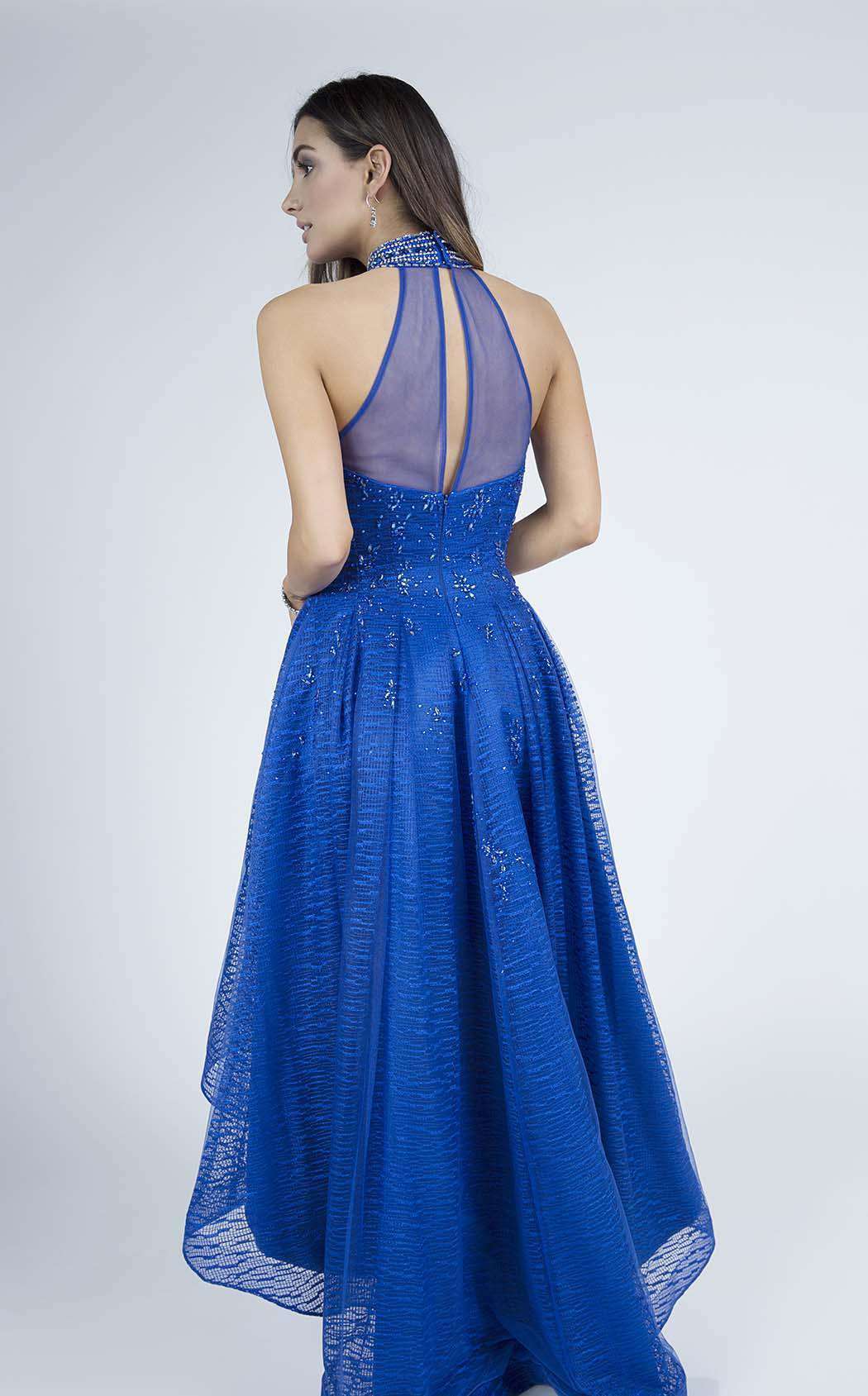 Royal Blue High-Low Prom Dress with Sheer Halter Neck & Glitter Details - prom dress
