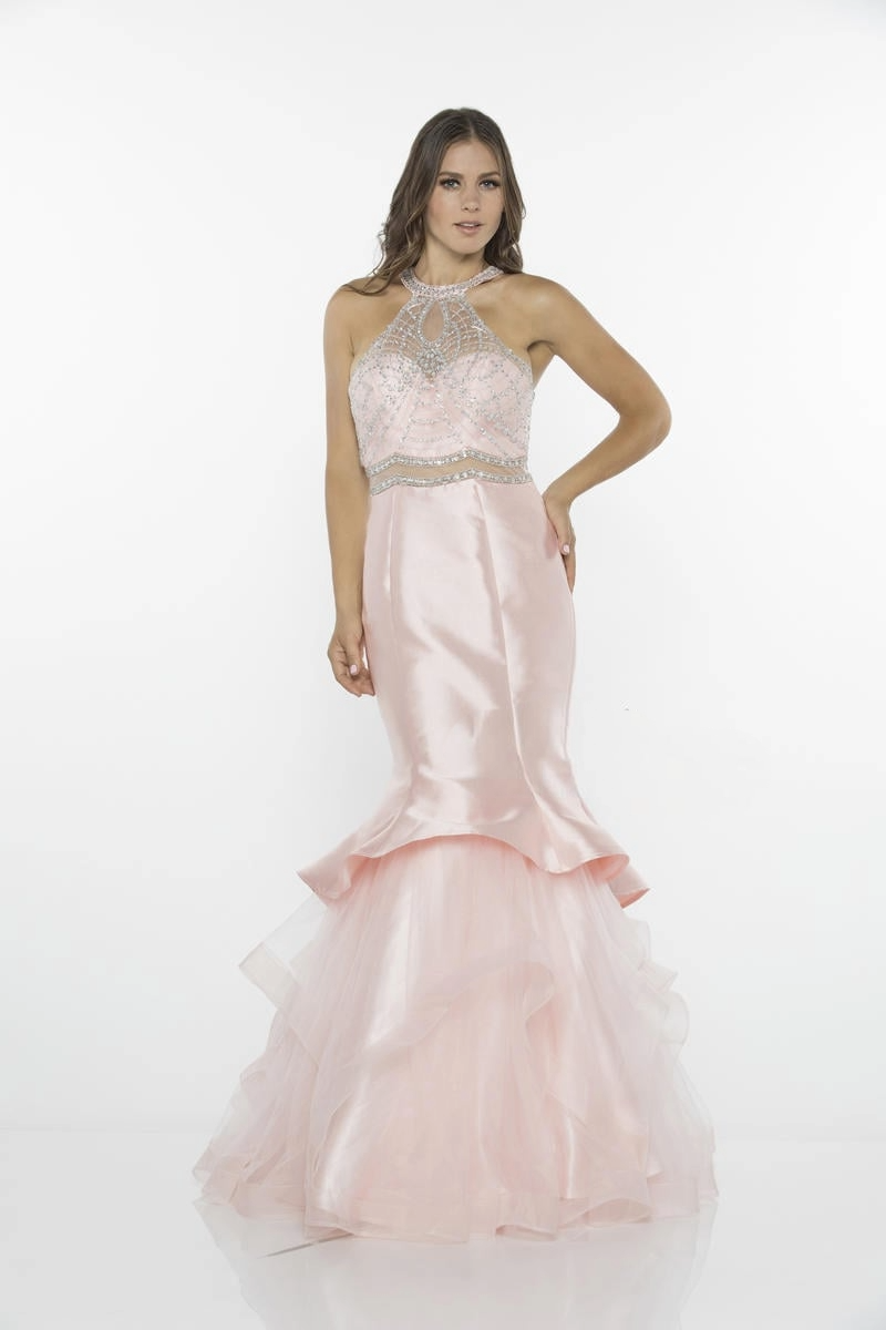 Tiered Ruffle Satin Gown – Beaded Halter Neck & Keyhole Back - prom dress