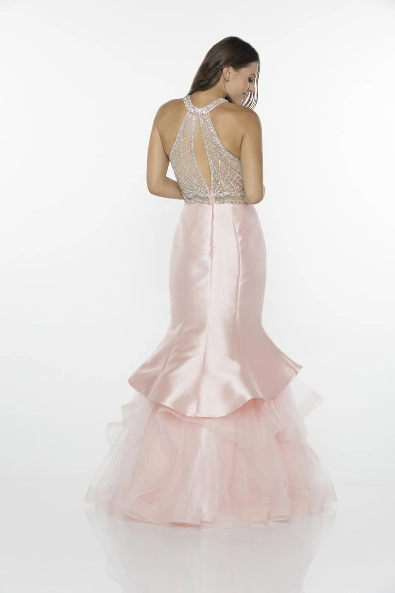 Tiered Ruffle Satin Gown – Beaded Halter Neck & Keyhole Back - prom dress