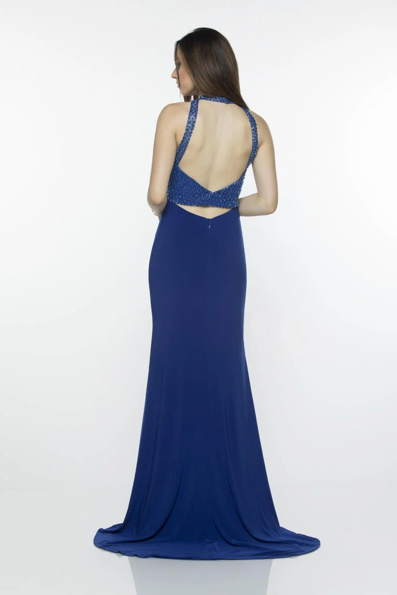 Royal Blue Beaded Dress with Open Back & High Slit - prom dress