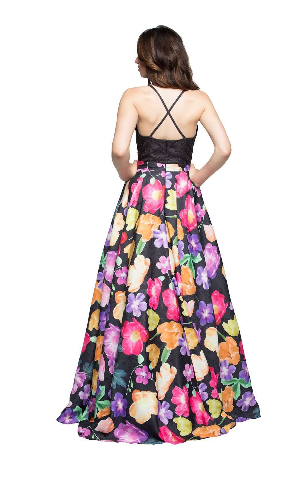 Elegant Floral Flowy Gown – Black Lace Bodice & Flowing Skirt - prom dress