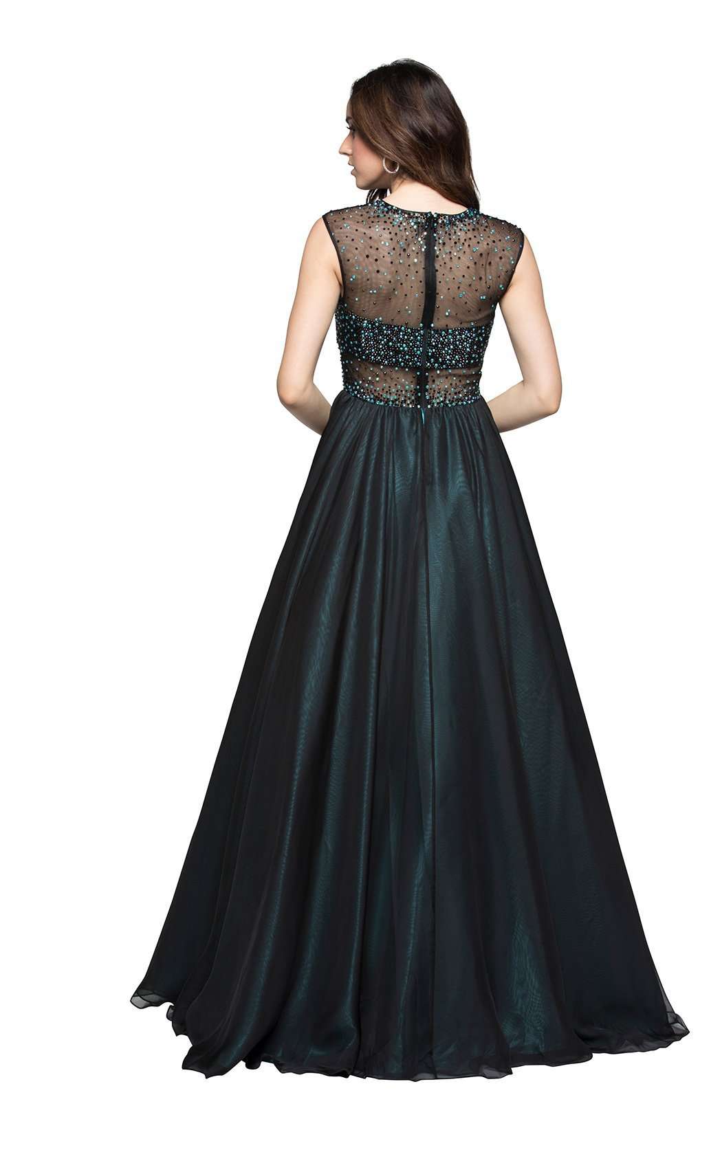 Dark Teal Beaded Ball Gown with Illusion Mesh Bodice - prom dress