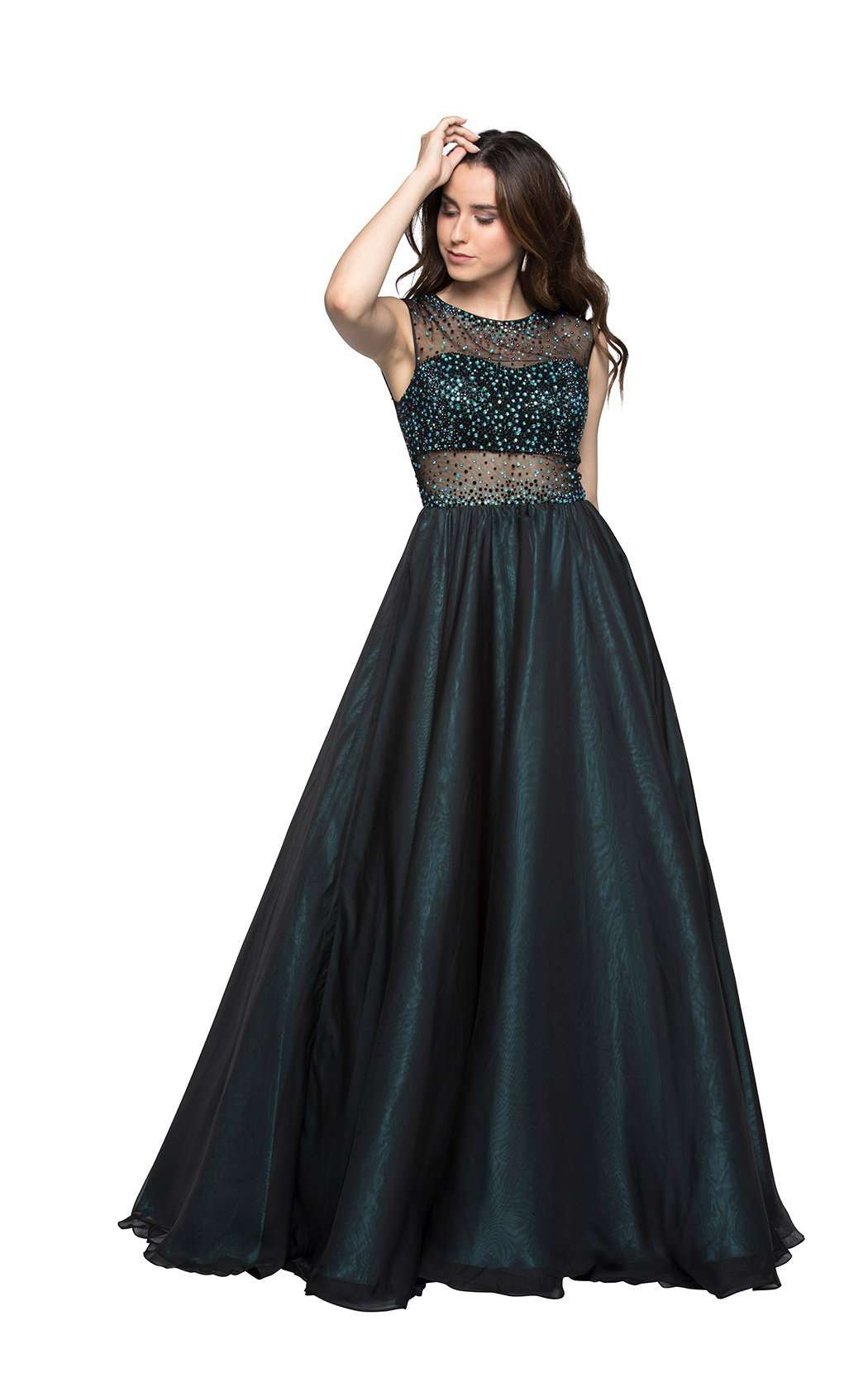 Dark Teal Beaded Ball Gown with Illusion Mesh Bodice - prom dress