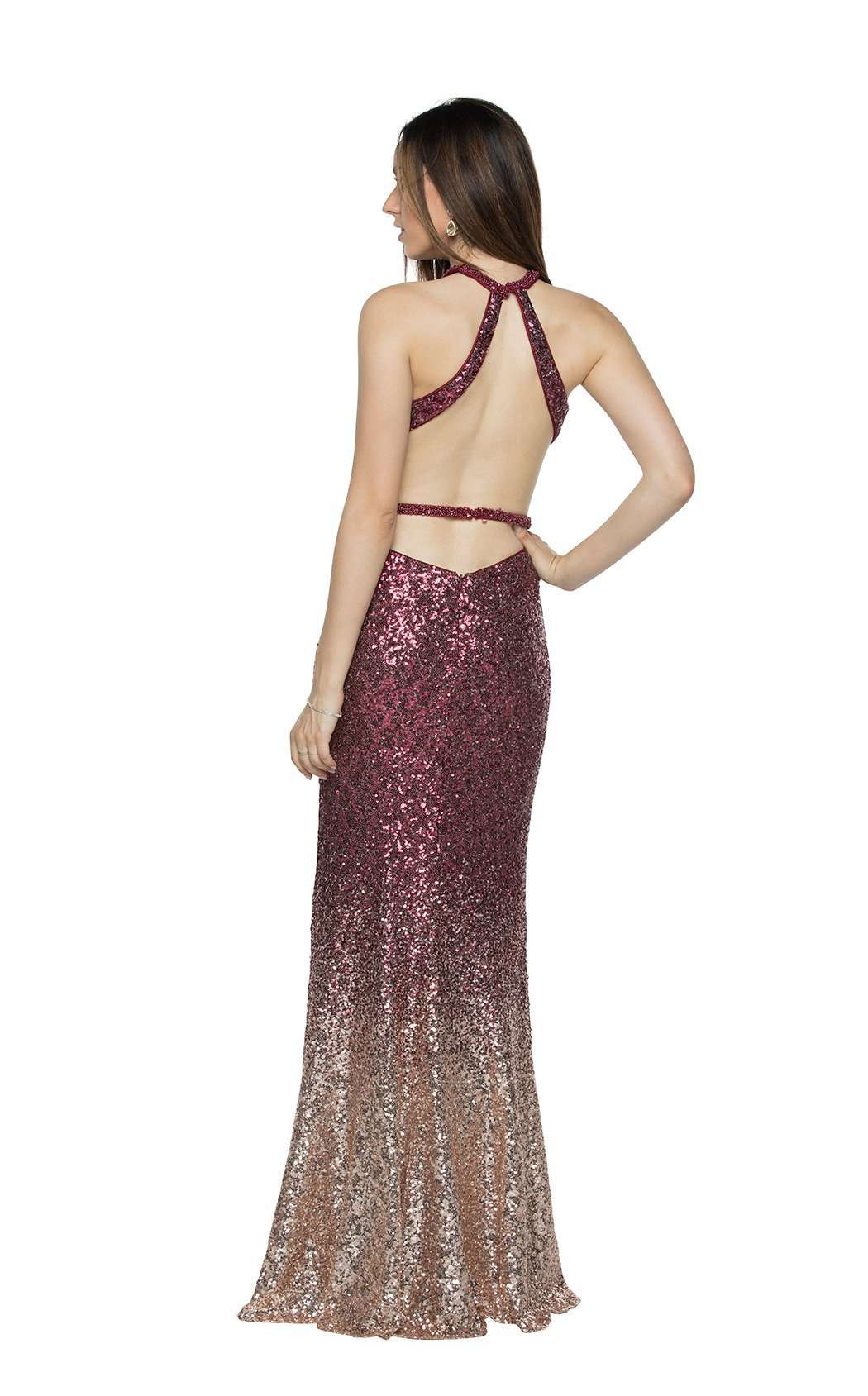 Burgundy & Rose Gold Ombré Sequin Dress with Open Back - prom dress