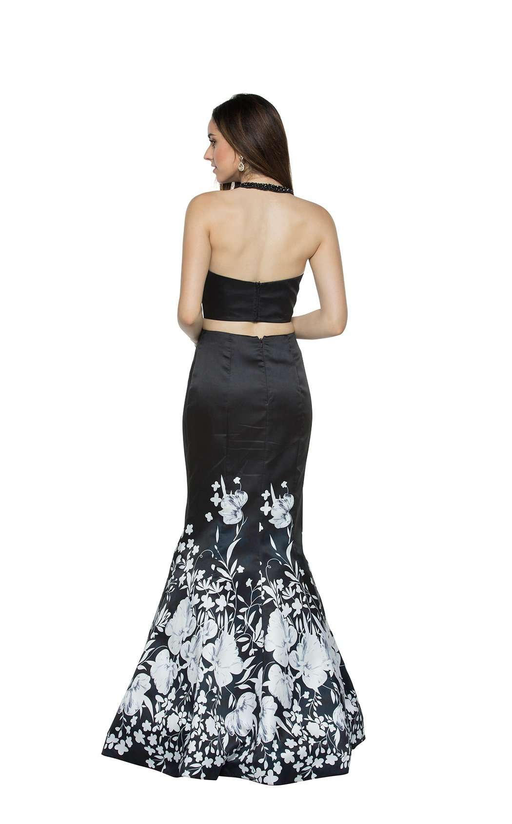 Black & White Two-Piece Prom Dress with Floral Print & Satin Mermaid Skirt