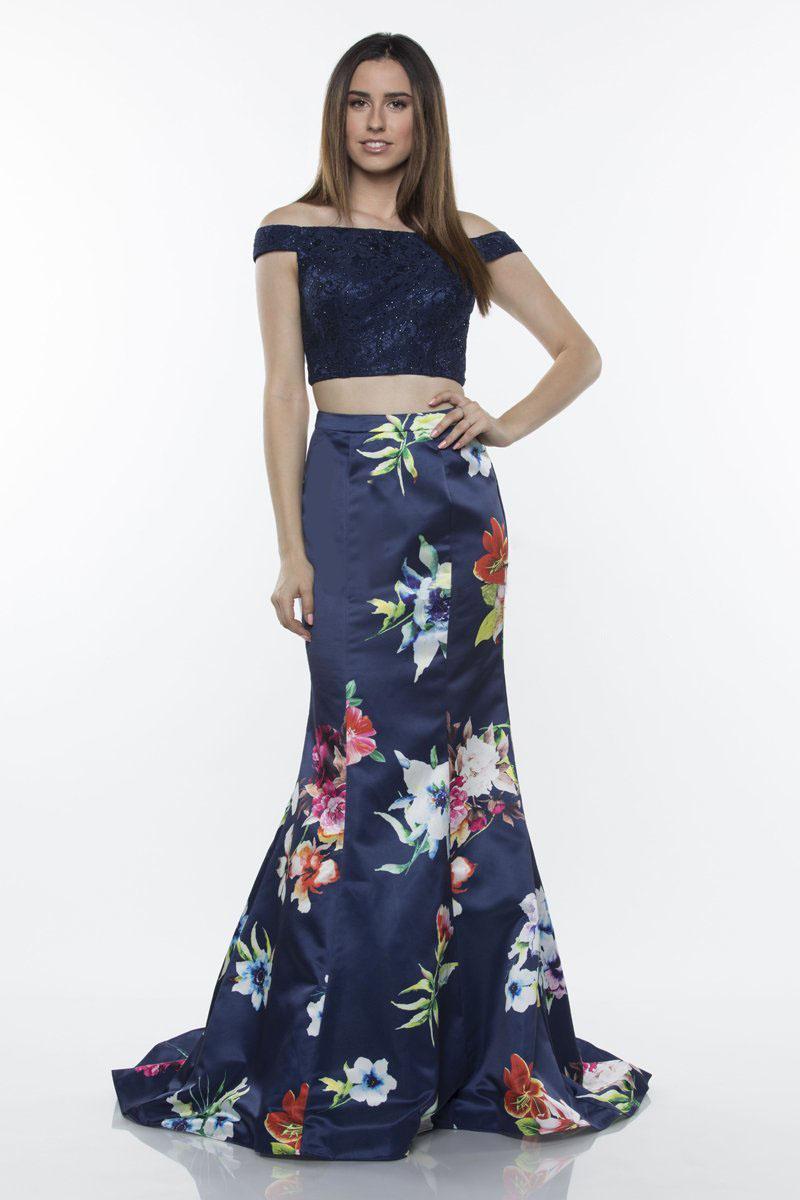 NAVY Blue Two-Piece Prom Dress with Floral Satin Mermaid Skirt - Prom Dress NAVY / 0 NAVY Blue Two-Piece Prom Dress with Floral Satin Mermaid Skirt - Prom Dress NAVY / 0