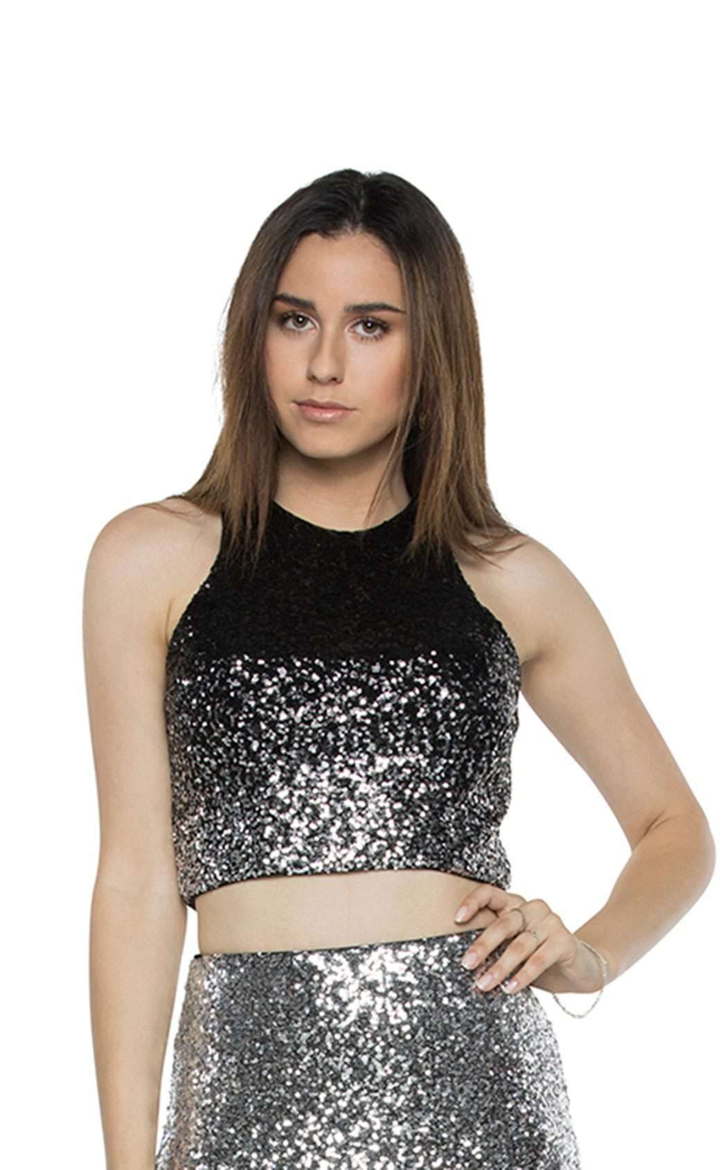 Ombré Sequin Prom Gown – Black to Silver Two-Piece Set - prom dress