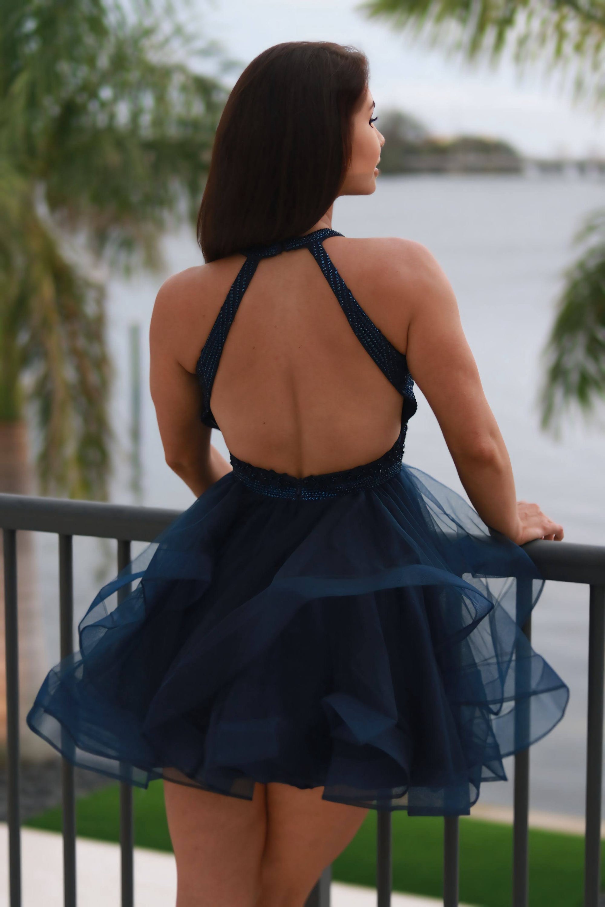 Navy Blue Halter Dress – Mesh Bodice with Tulle Skirt - prom dress